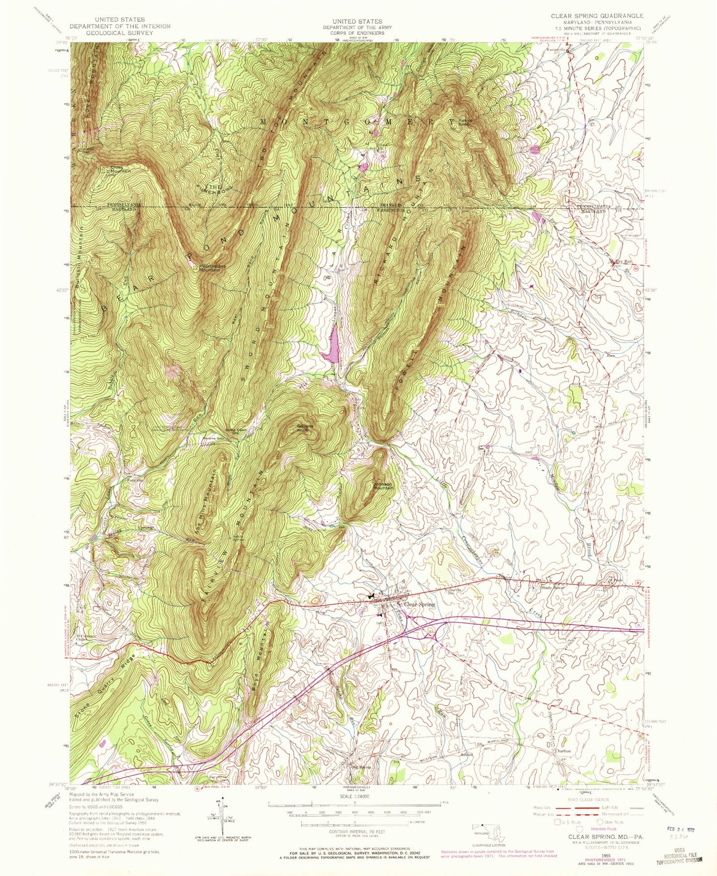 Classic USGS Clear Spring Maryland 7.5'x7.5' Topo Map Image