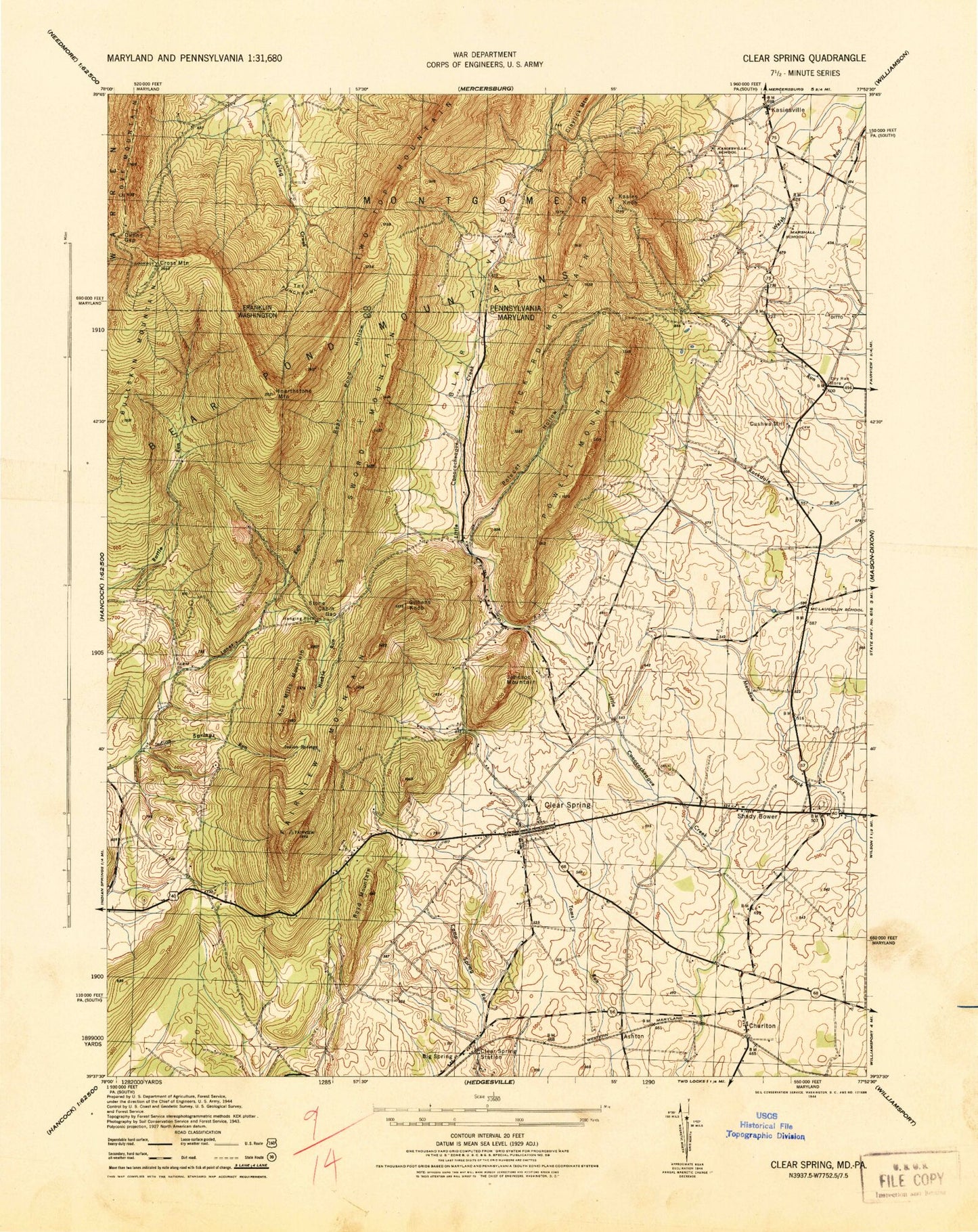 Classic USGS Clear Spring Maryland 7.5'x7.5' Topo Map Image