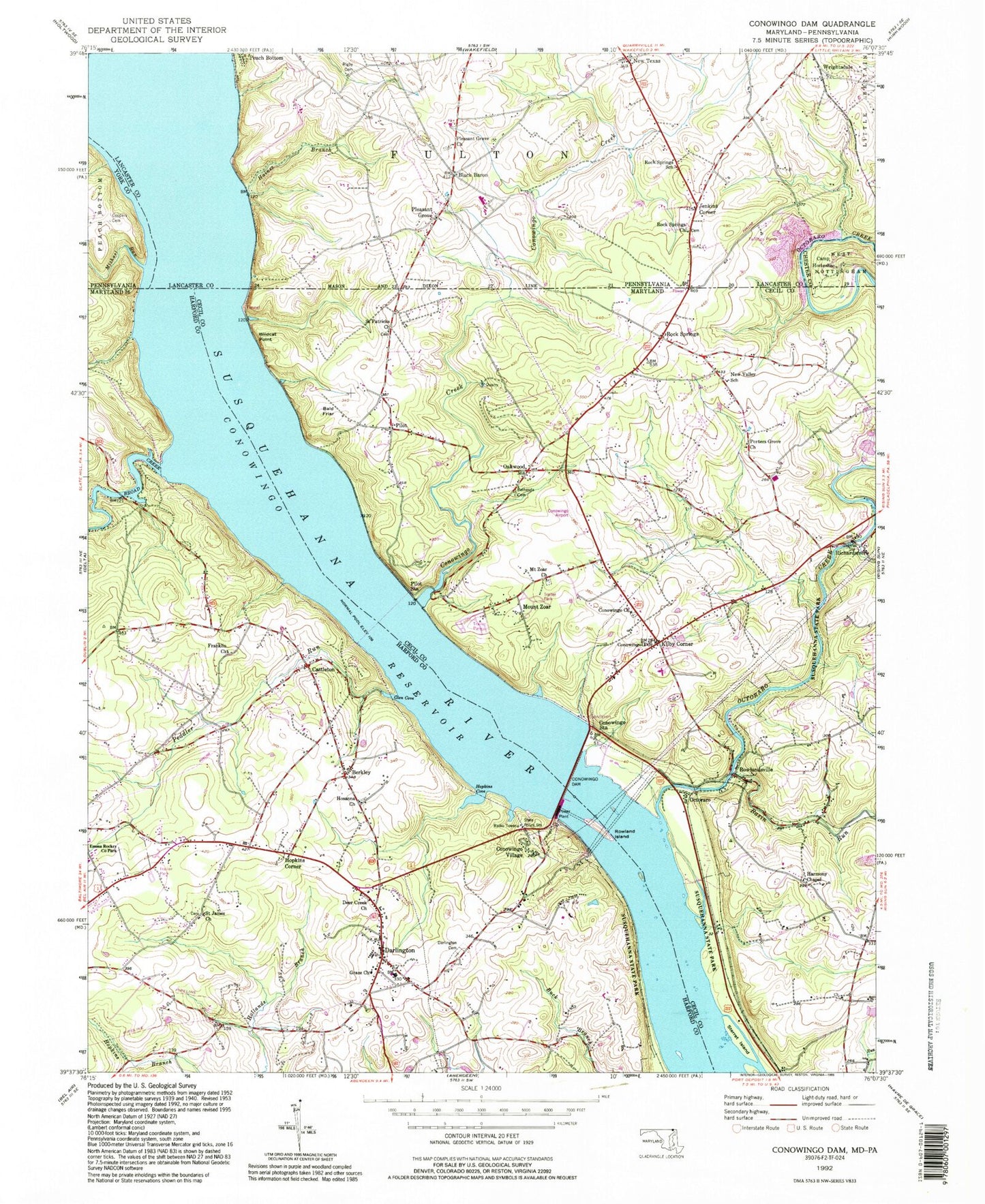 Classic USGS Conowingo Dam Maryland 7.5'x7.5' Topo Map Image