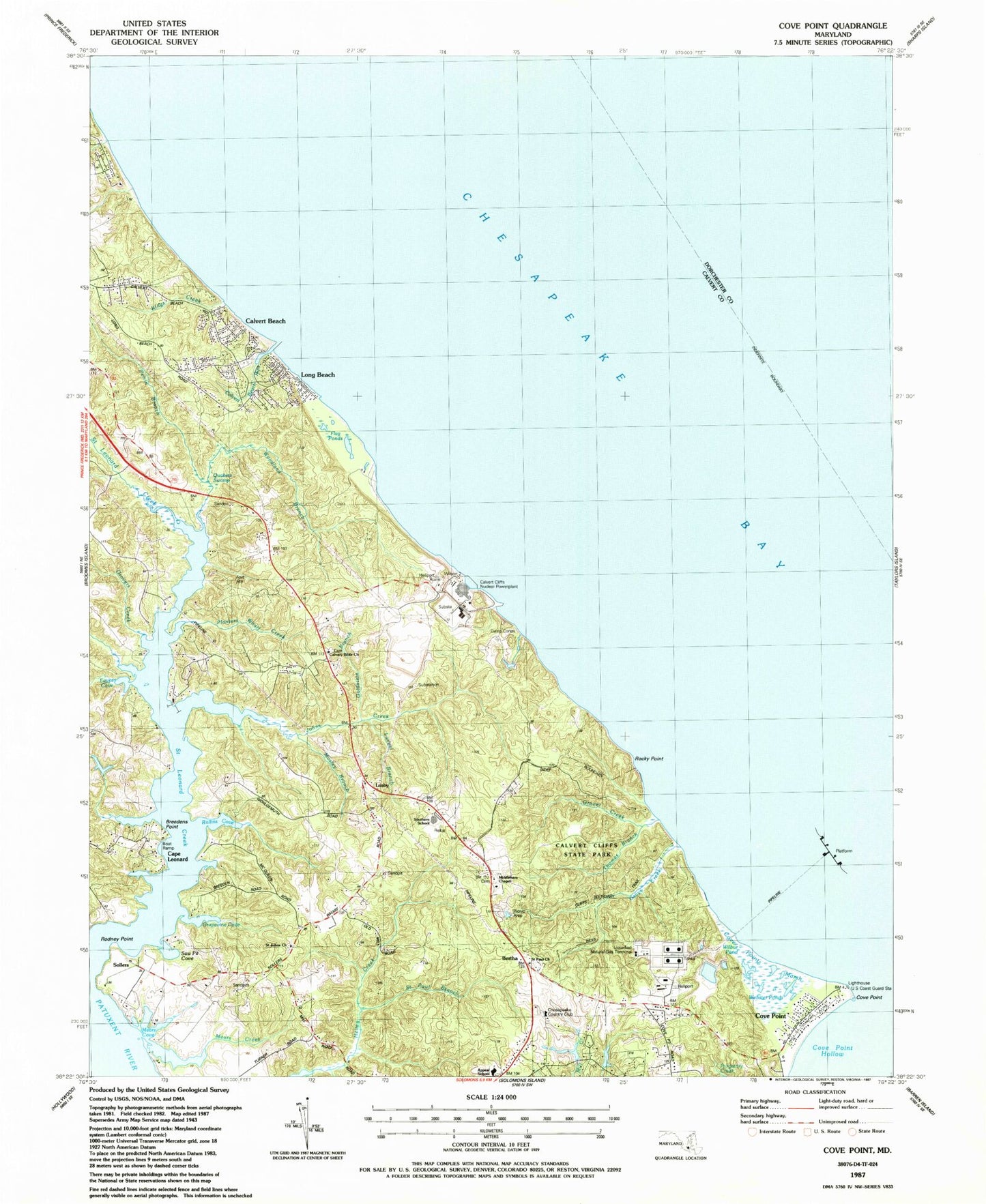 Classic USGS Cove Point Maryland 7.5'x7.5' Topo Map Image
