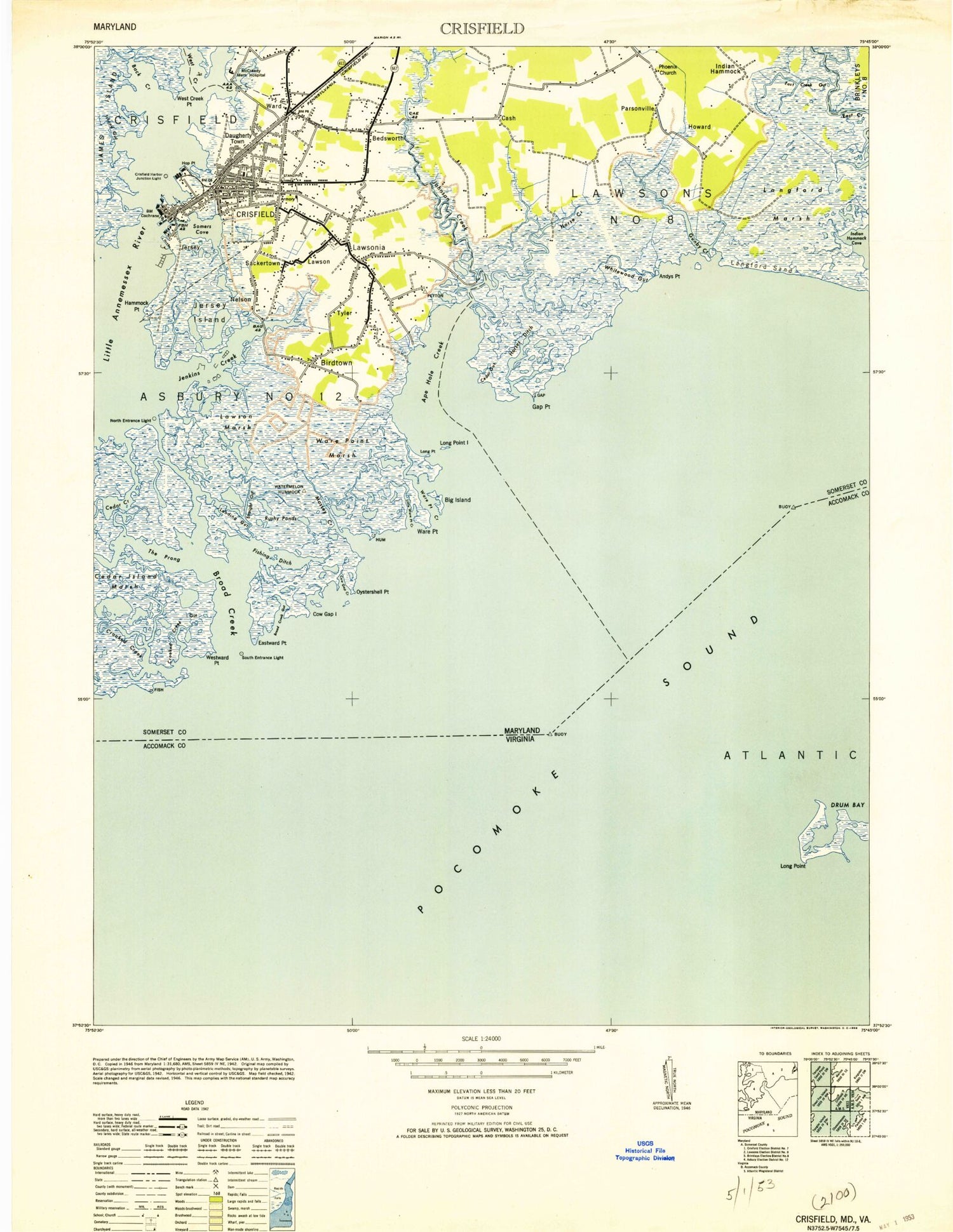 Classic USGS Crisfield Maryland 7.5'x7.5' Topo Map Image