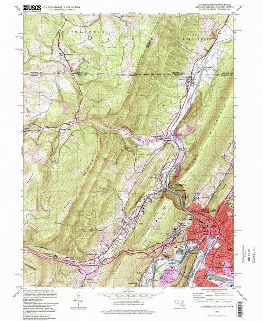 Classic USGS Cumberland Maryland 7.5'x7.5' Topo Map Image