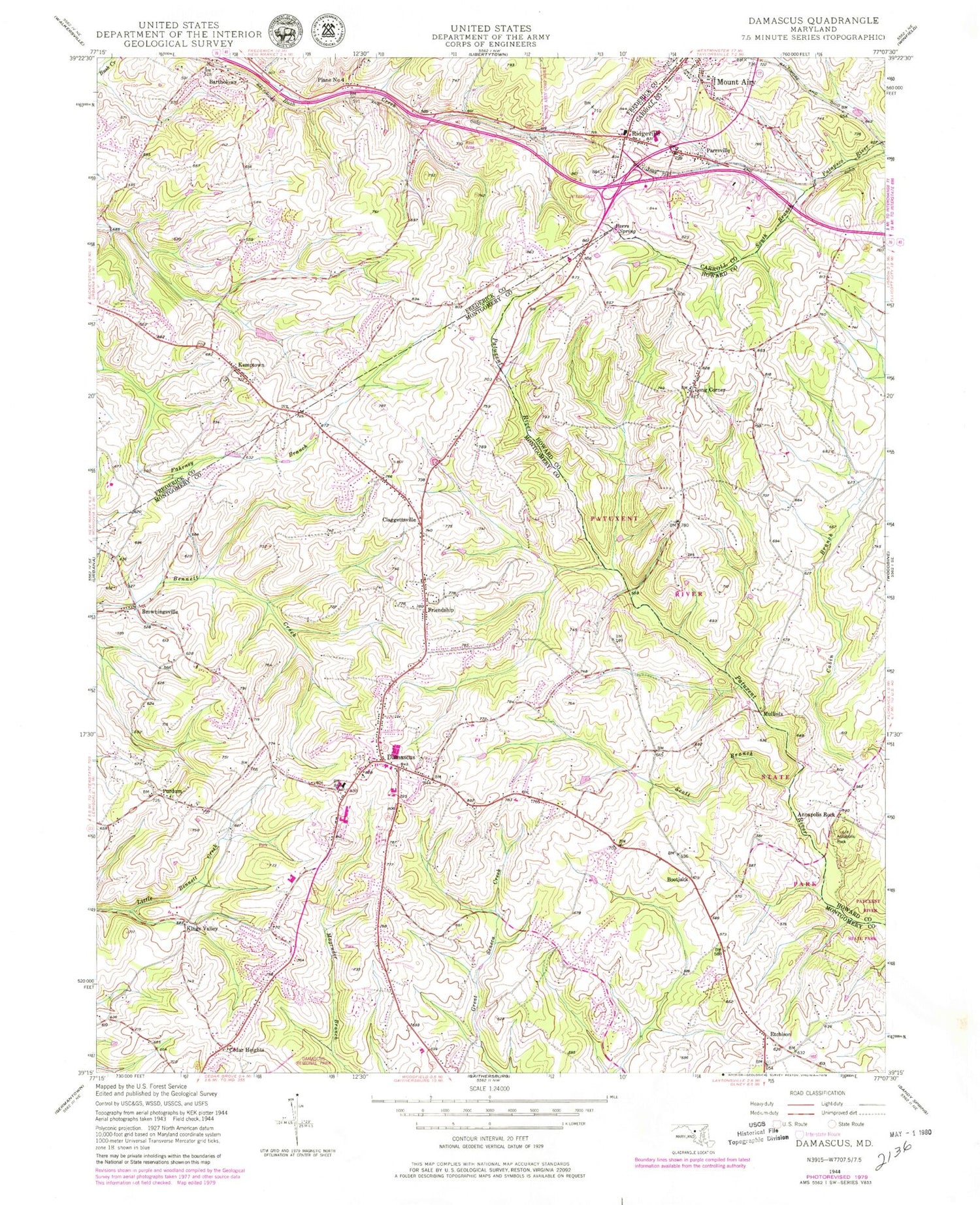 Classic USGS Damascus Maryland 7.5'x7.5' Topo Map Image
