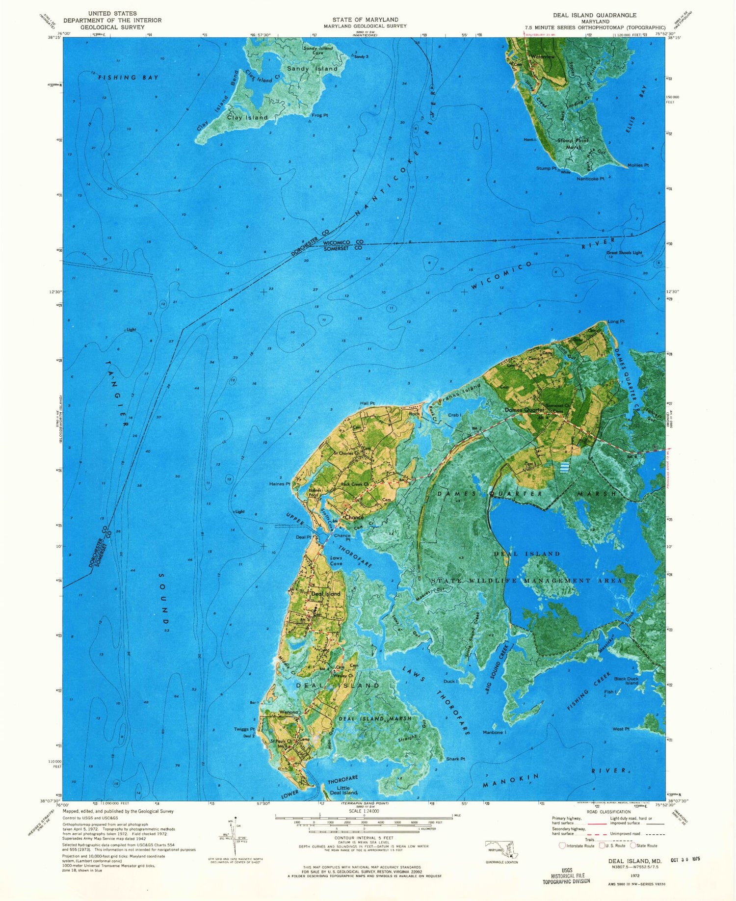 Classic USGS Deal Island Maryland 7.5'x7.5' Topo Map Image