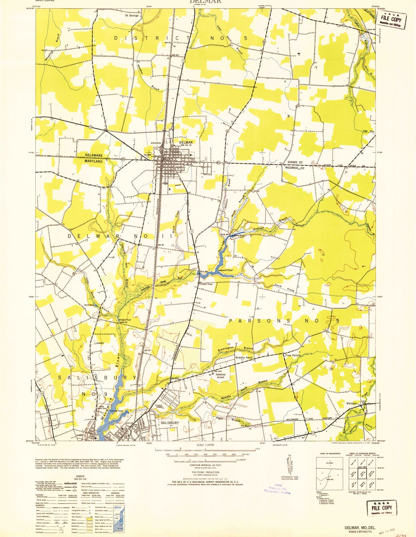 Classic USGS Delmar Maryland 7.5'x7.5' Topo Map Image