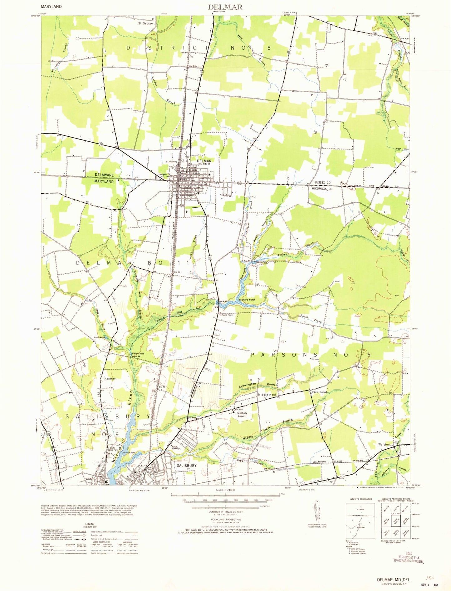 Classic USGS Delmar Maryland 7.5'x7.5' Topo Map Image