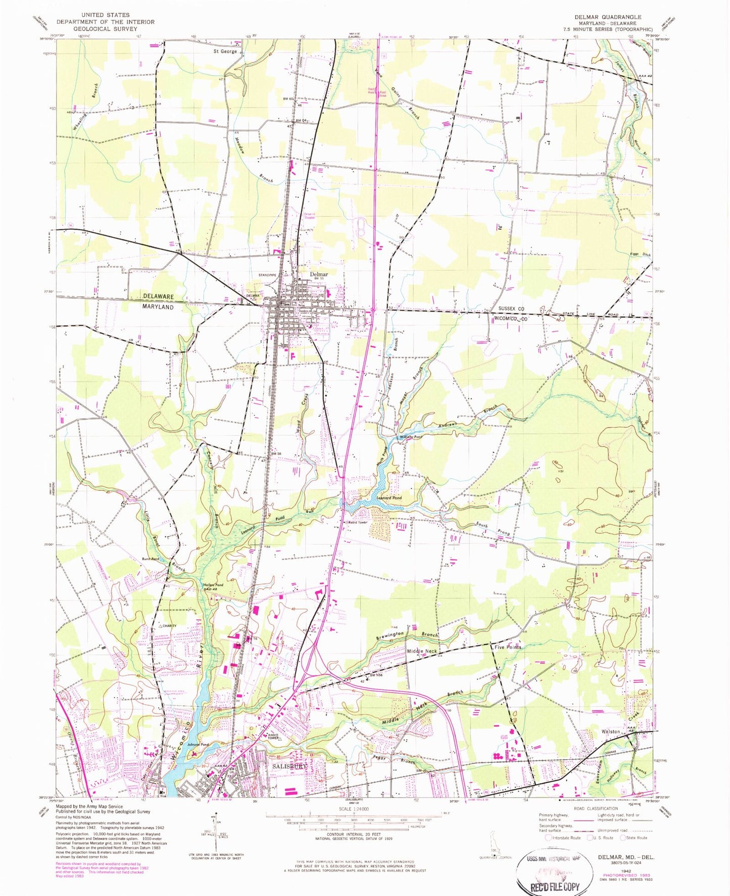 Classic USGS Delmar Maryland 7.5'x7.5' Topo Map Image