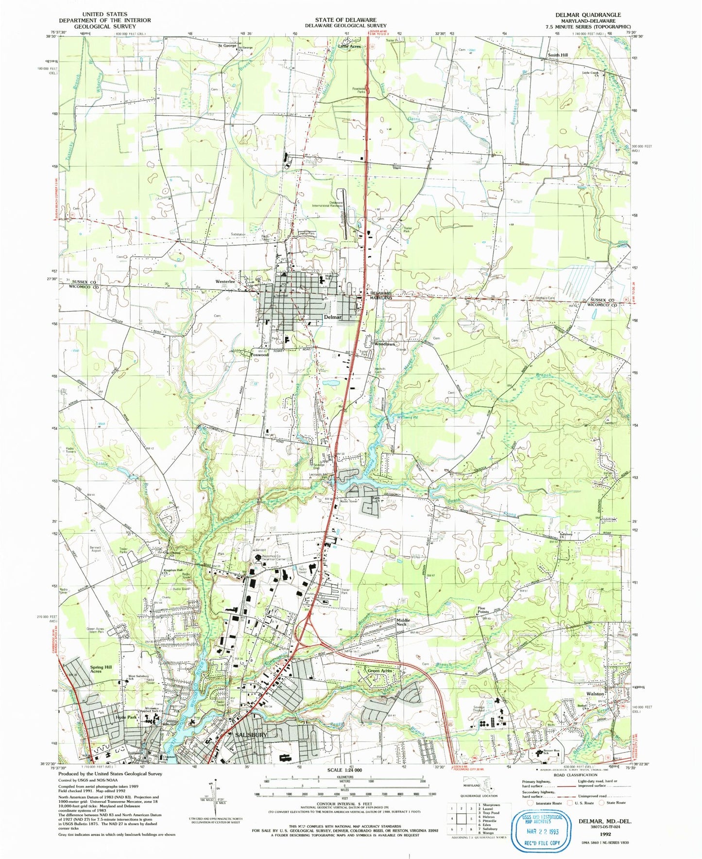 Classic USGS Delmar Maryland 7.5'x7.5' Topo Map Image