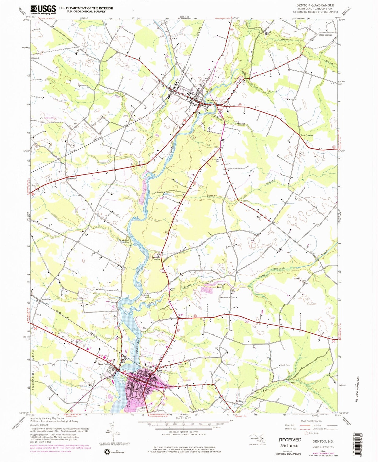 Classic USGS Denton Maryland 7.5'x7.5' Topo Map Image