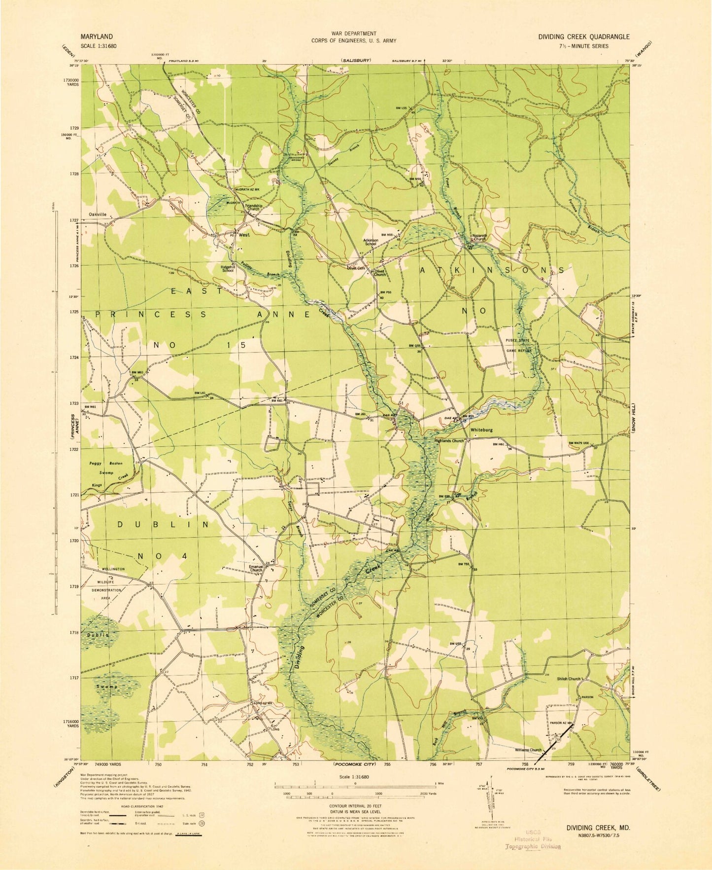 Classic USGS Dividing Creek Maryland 7.5'x7.5' Topo Map Image