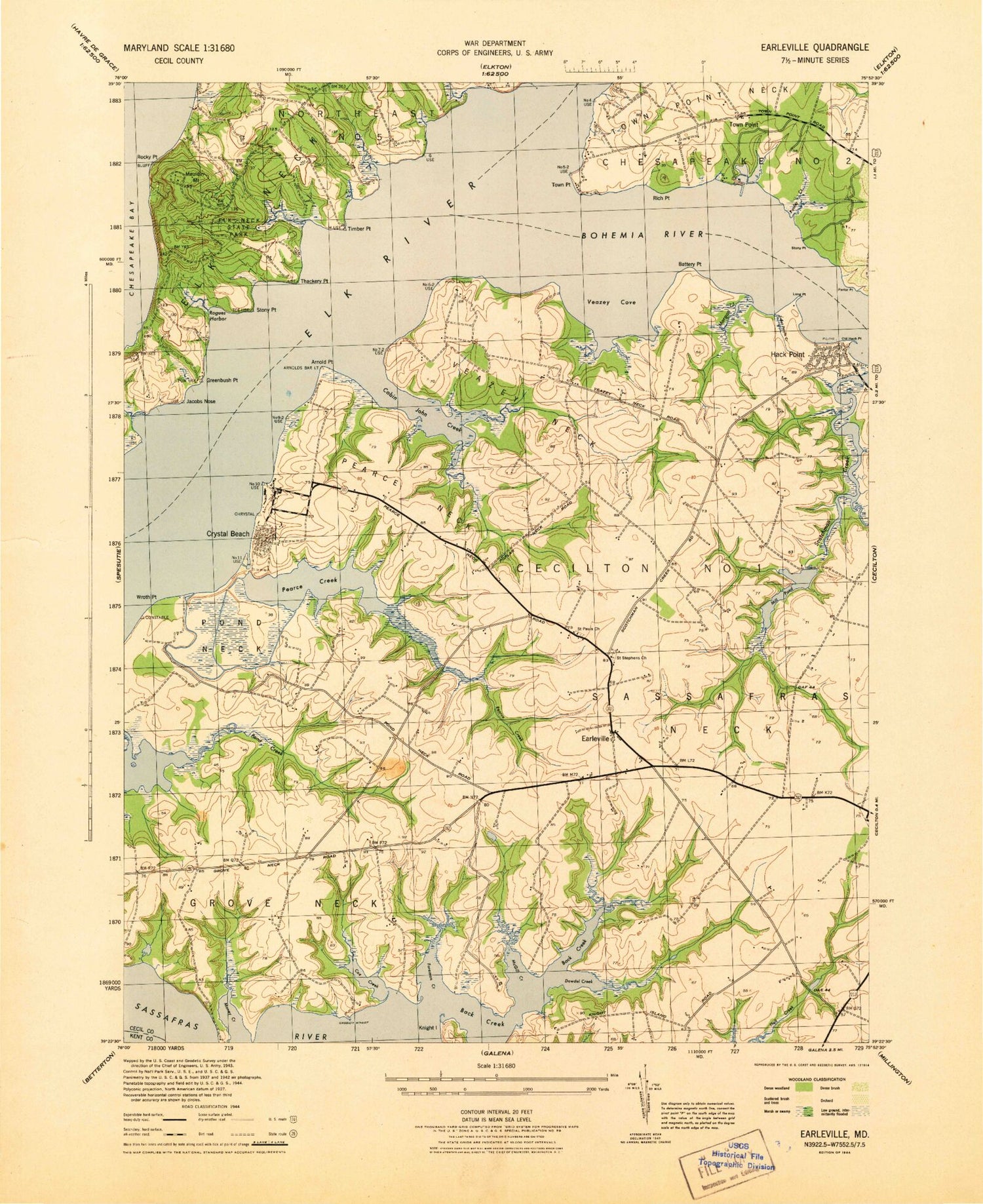 Classic USGS Earleville Maryland 7.5'x7.5' Topo Map Image