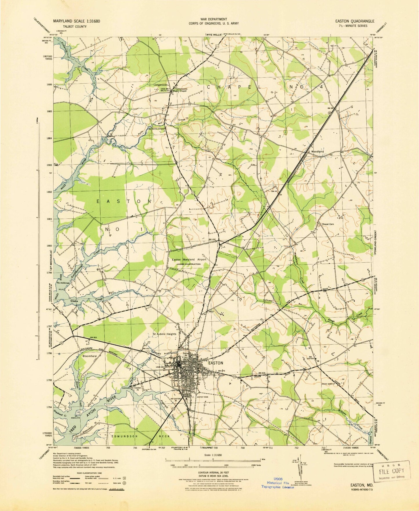 Classic USGS Easton Maryland 7.5'x7.5' Topo Map Image