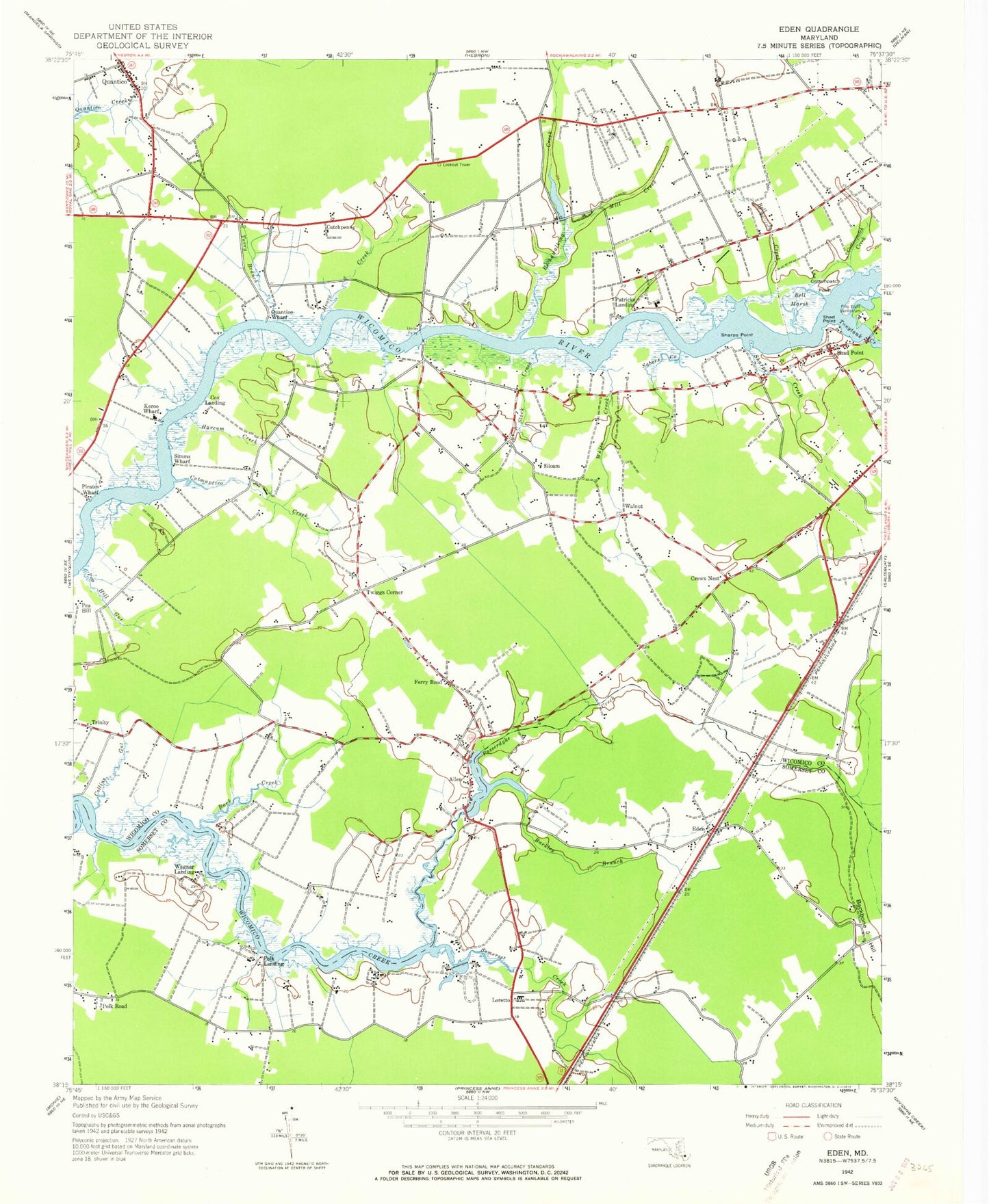 Classic USGS Eden Maryland 7.5'x7.5' Topo Map Image