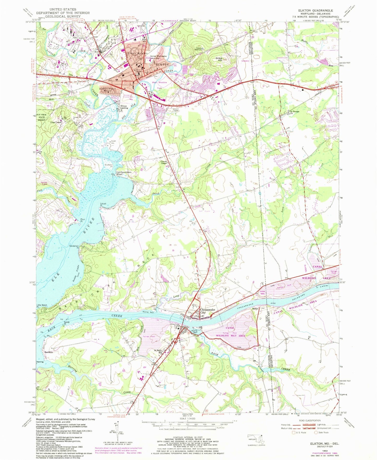 Classic USGS Elkton Maryland 7.5'x7.5' Topo Map Image