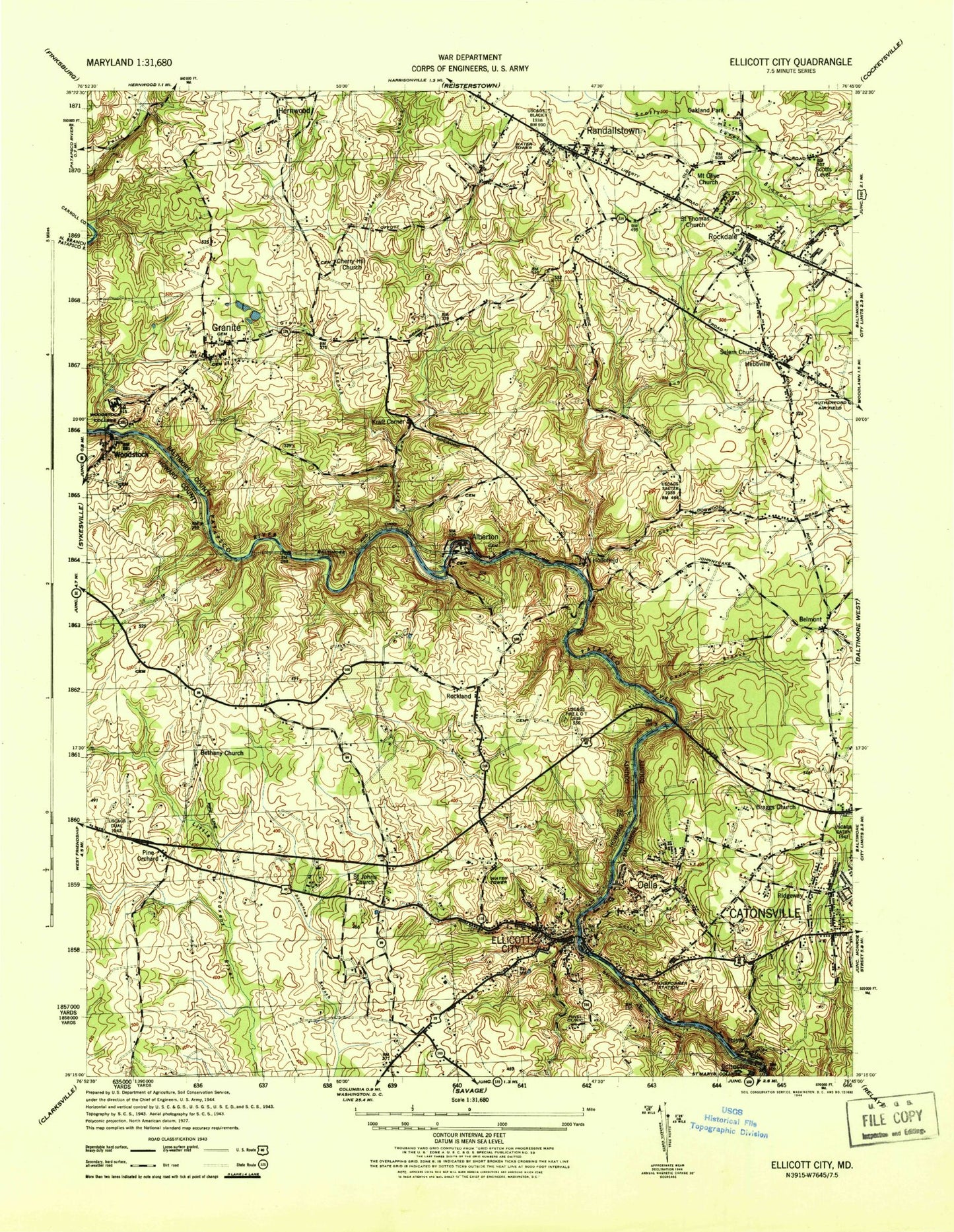 Classic USGS Ellicott City Maryland 7.5'x7.5' Topo Map Image