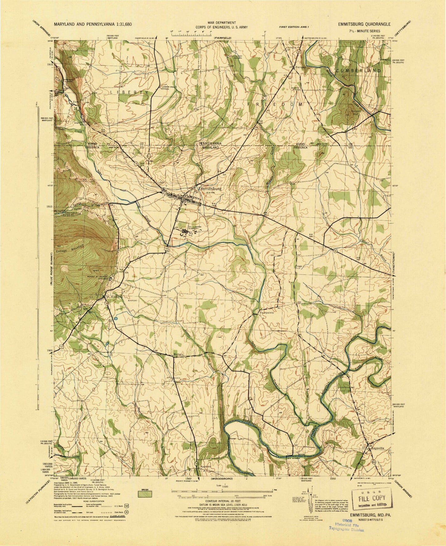 Classic USGS Emmitsburg Maryland 7.5'x7.5' Topo Map Image