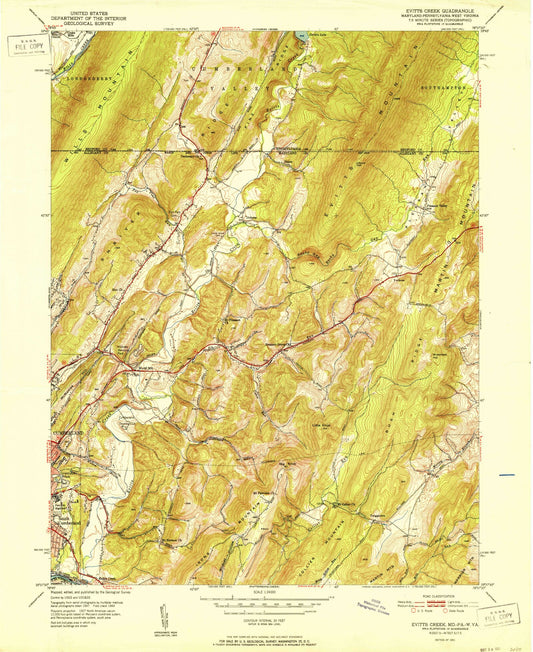 Classic USGS Evitts Creek Maryland 7.5'x7.5' Topo Map Image