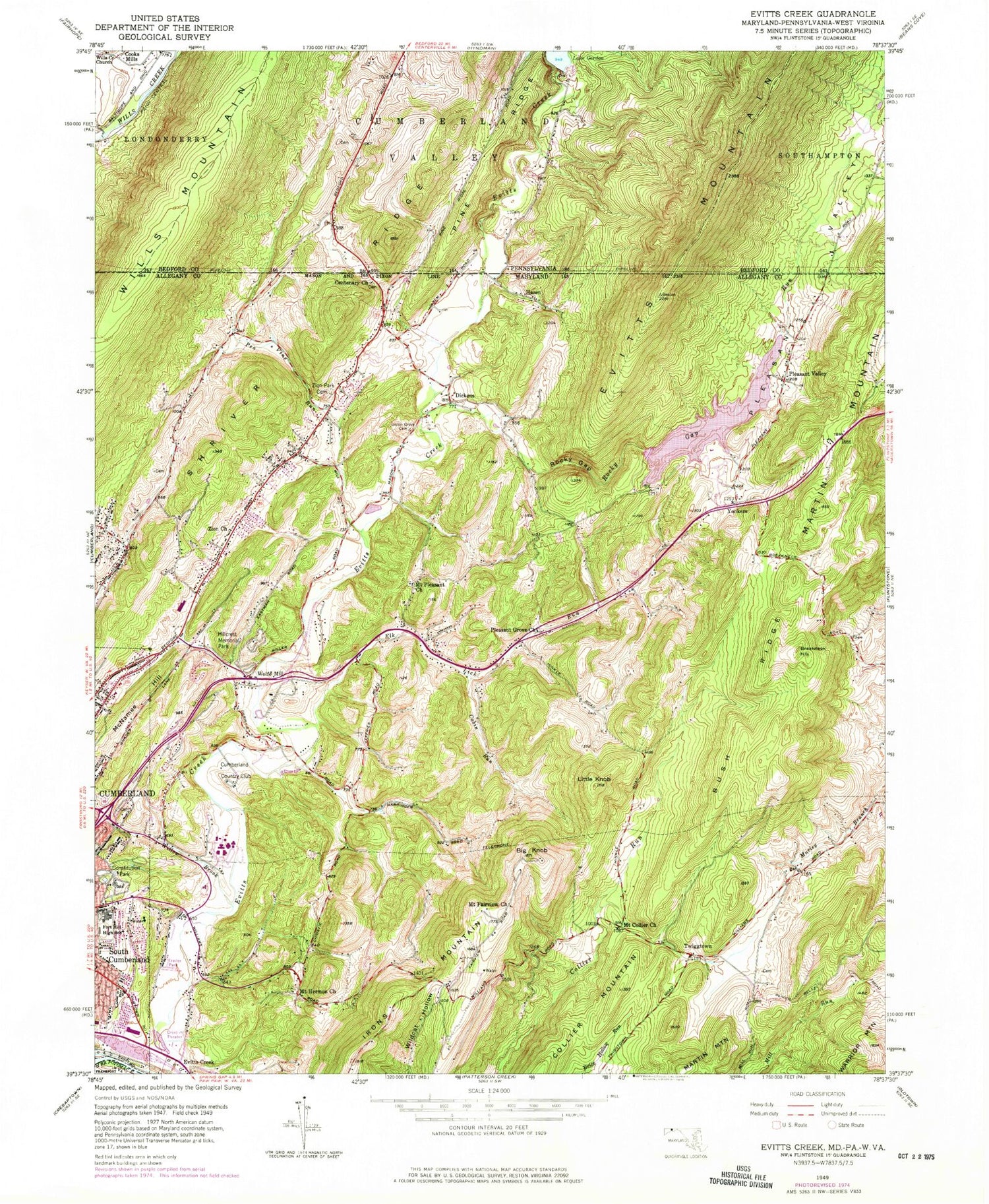 Classic USGS Evitts Creek Maryland 7.5'x7.5' Topo Map Image