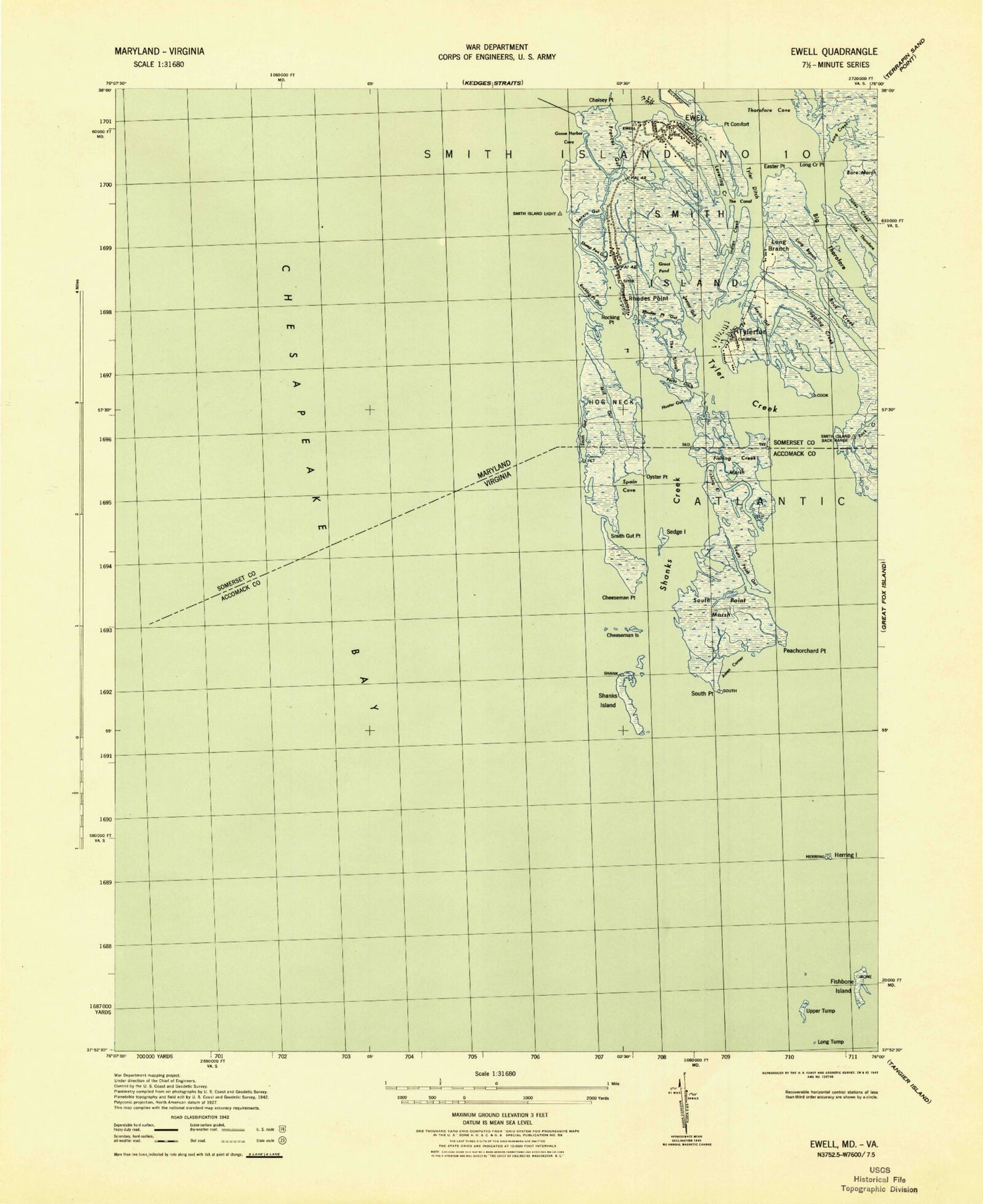 Classic USGS Ewell Maryland 7.5'x7.5' Topo Map Image
