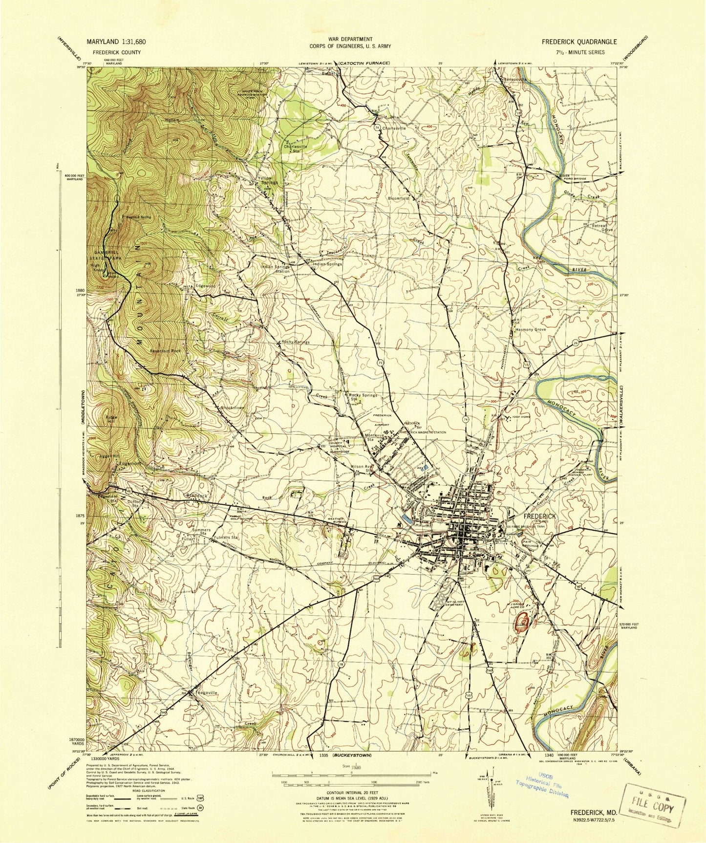 Classic USGS Frederick Maryland 7.5'x7.5' Topo Map Image