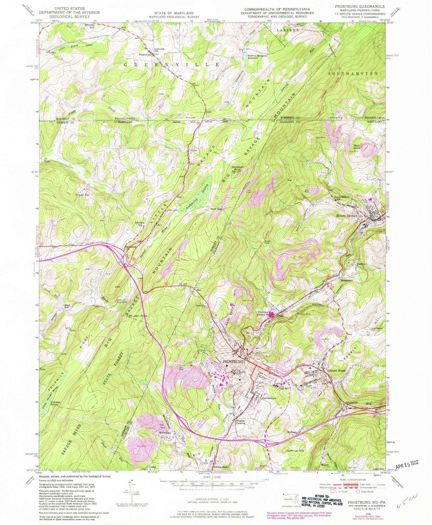 Classic USGS Frostburg Maryland 7.5'x7.5' Topo Map Image