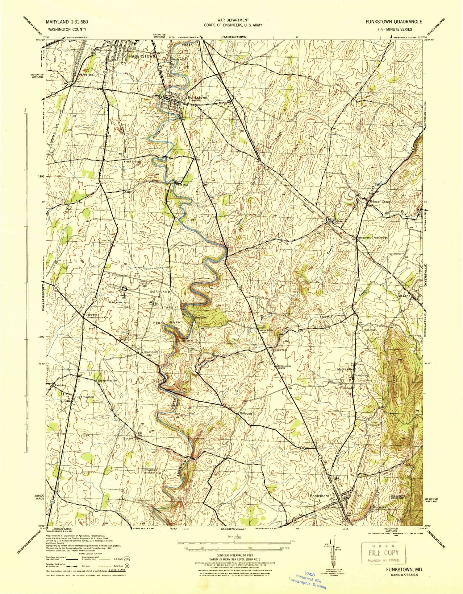 Classic USGS Funkstown Maryland 7.5'x7.5' Topo Map Image