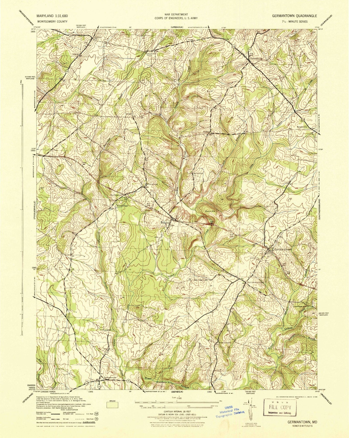 Classic USGS Germantown Maryland 7.5'x7.5' Topo Map Image