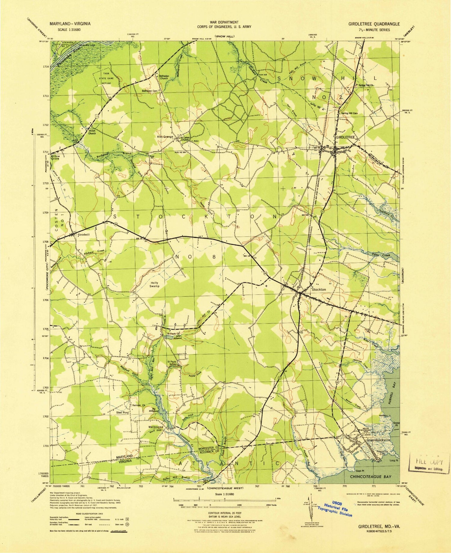 Classic USGS Girdletree Maryland 7.5'x7.5' Topo Map Image