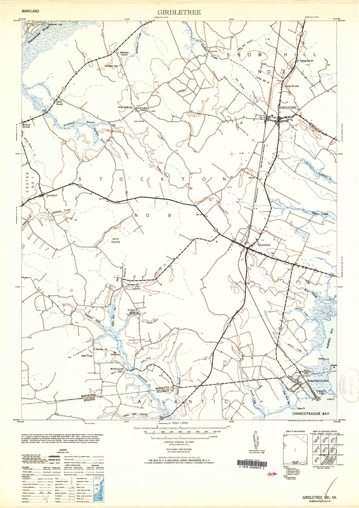 Classic USGS Girdletree Maryland 7.5'x7.5' Topo Map Image