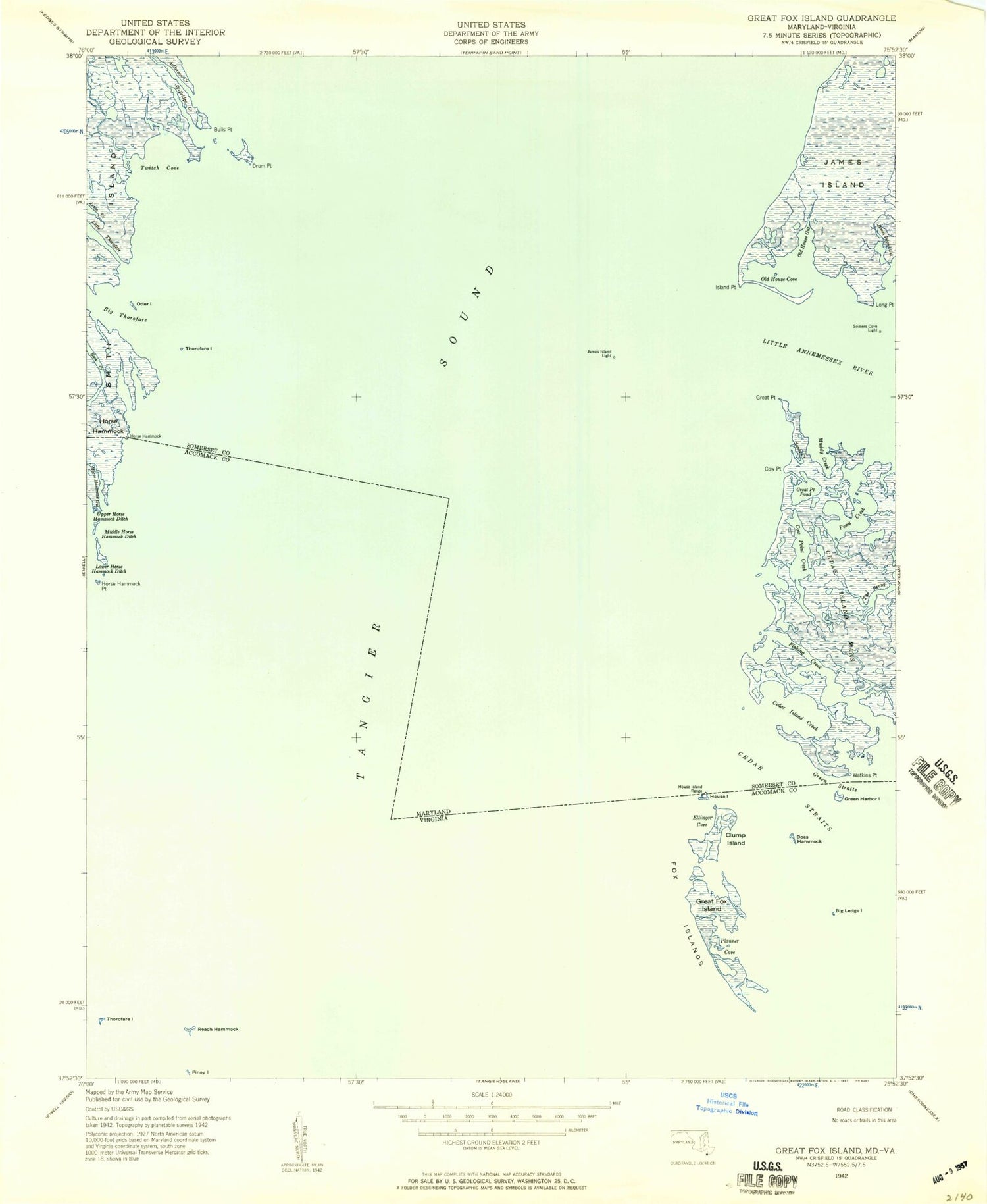 Classic USGS Great Fox Island Virginia 7.5'x7.5' Topo Map Image