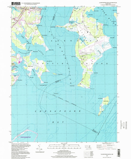 Classic USGS Gunpowder Neck Maryland 7.5'x7.5' Topo Map Image