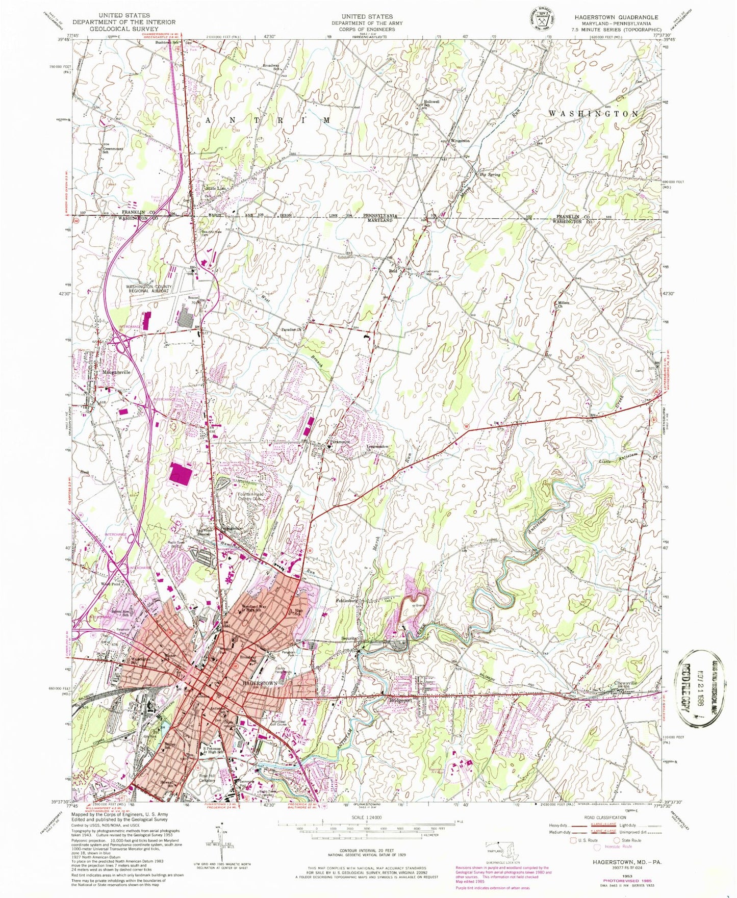 Classic USGS Hagerstown Maryland 7.5'x7.5' Topo Map Image