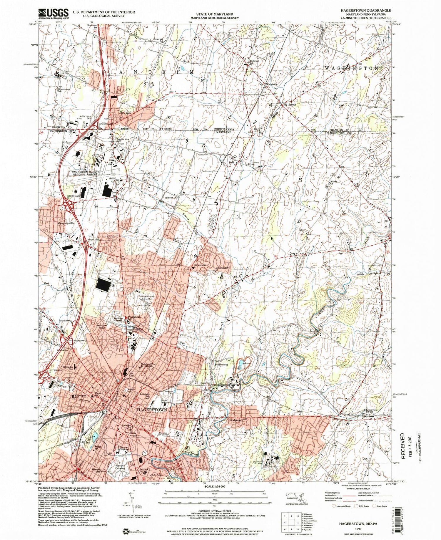 Classic USGS Hagerstown Maryland 7.5'x7.5' Topo Map Image