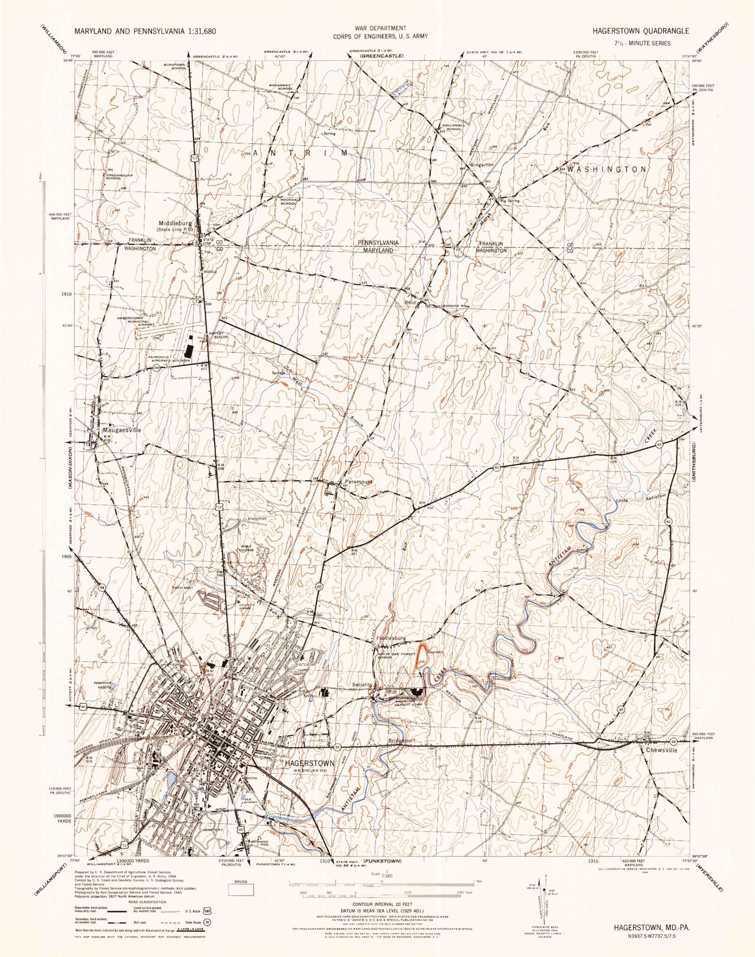 Classic USGS Hagerstown Maryland 7.5'x7.5' Topo Map Image