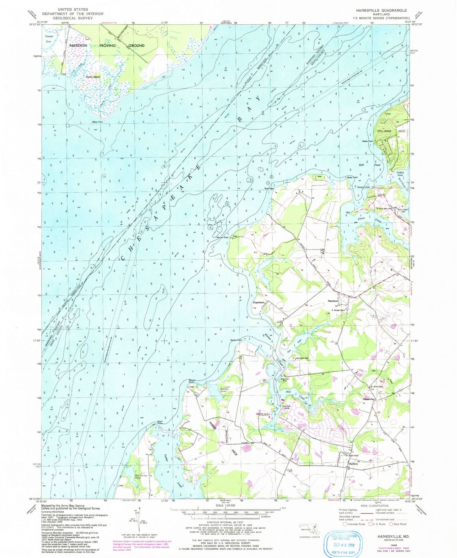 Classic USGS Hanesville Maryland 7.5'x7.5' Topo Map Image