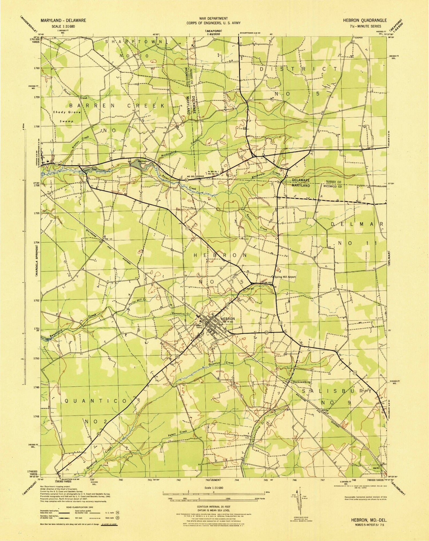 Classic USGS Hebron Maryland 7.5'x7.5' Topo Map Image