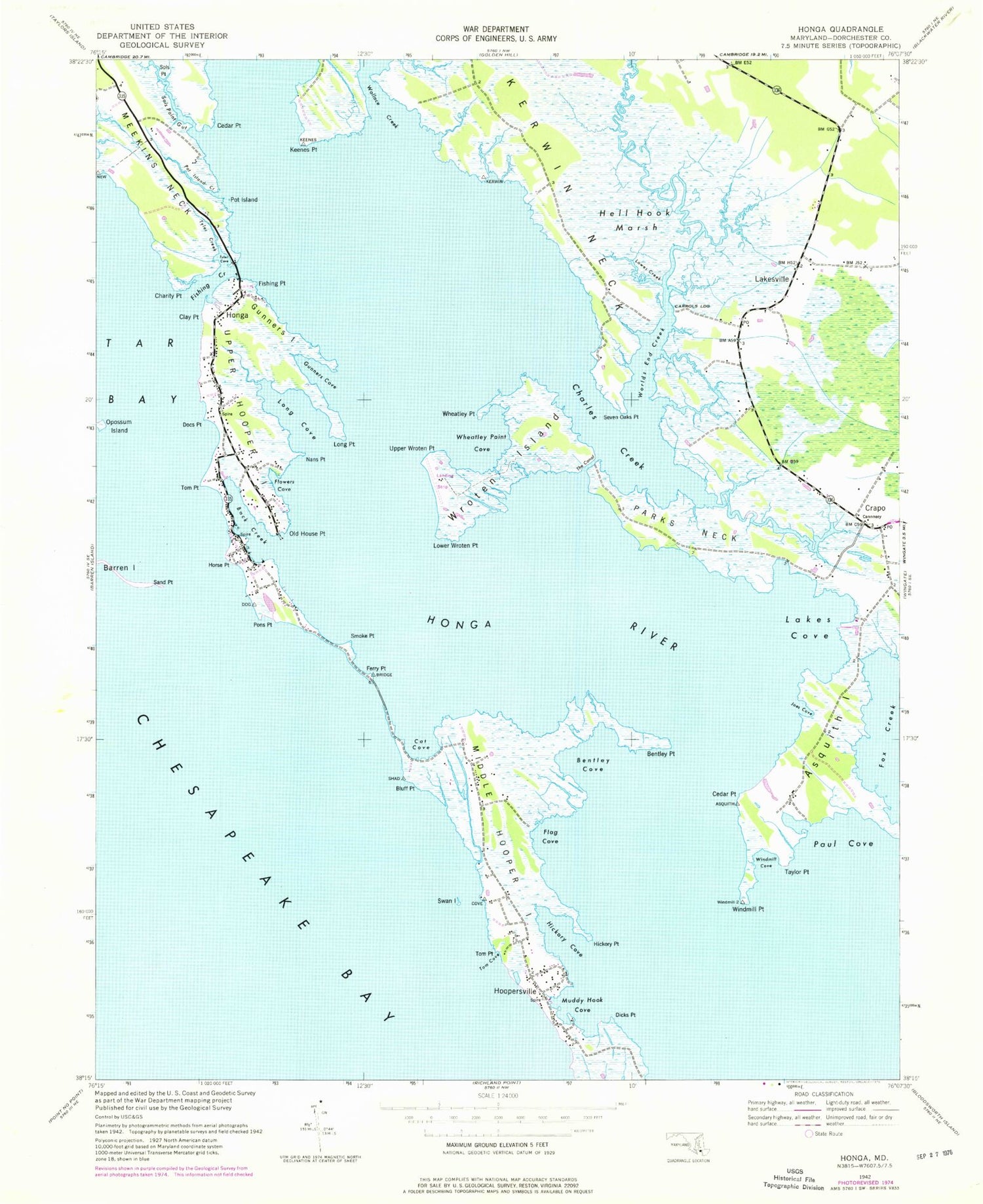 Classic USGS Honga Maryland 7.5'x7.5' Topo Map Image