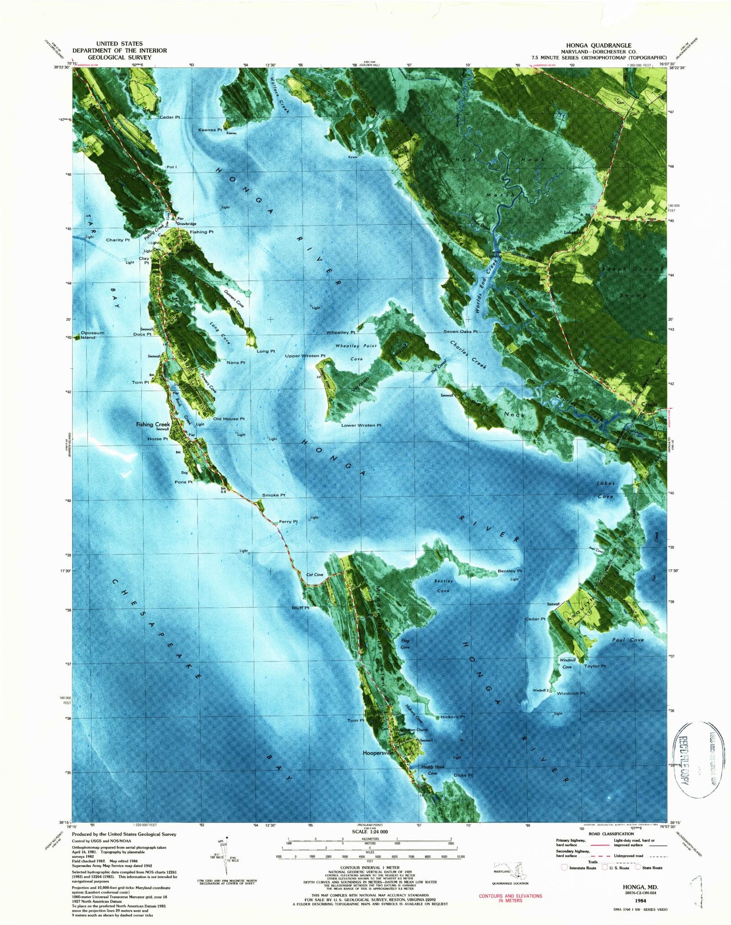 Classic USGS Honga Maryland 7.5'x7.5' Topo Map Image