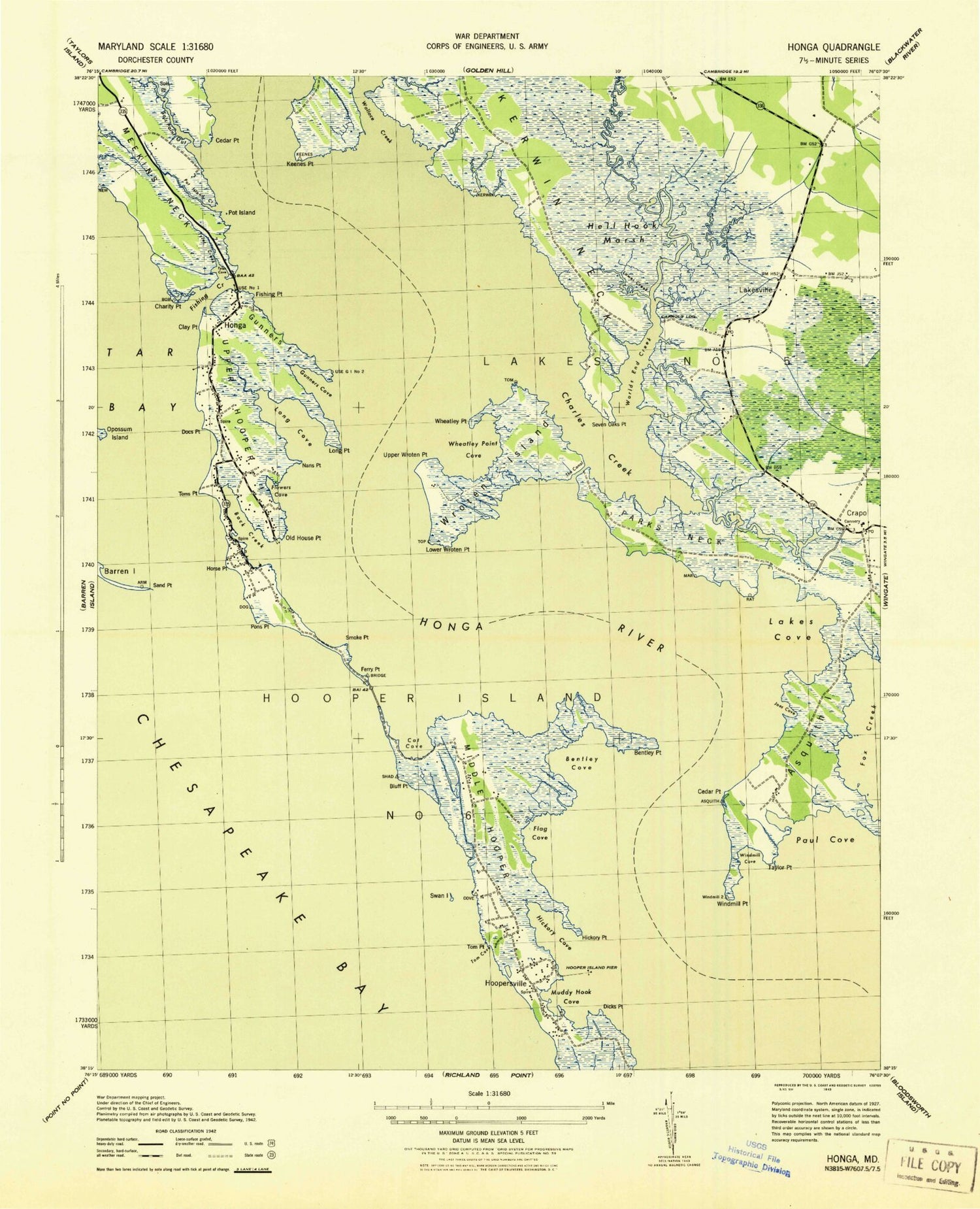 Classic USGS Honga Maryland 7.5'x7.5' Topo Map Image