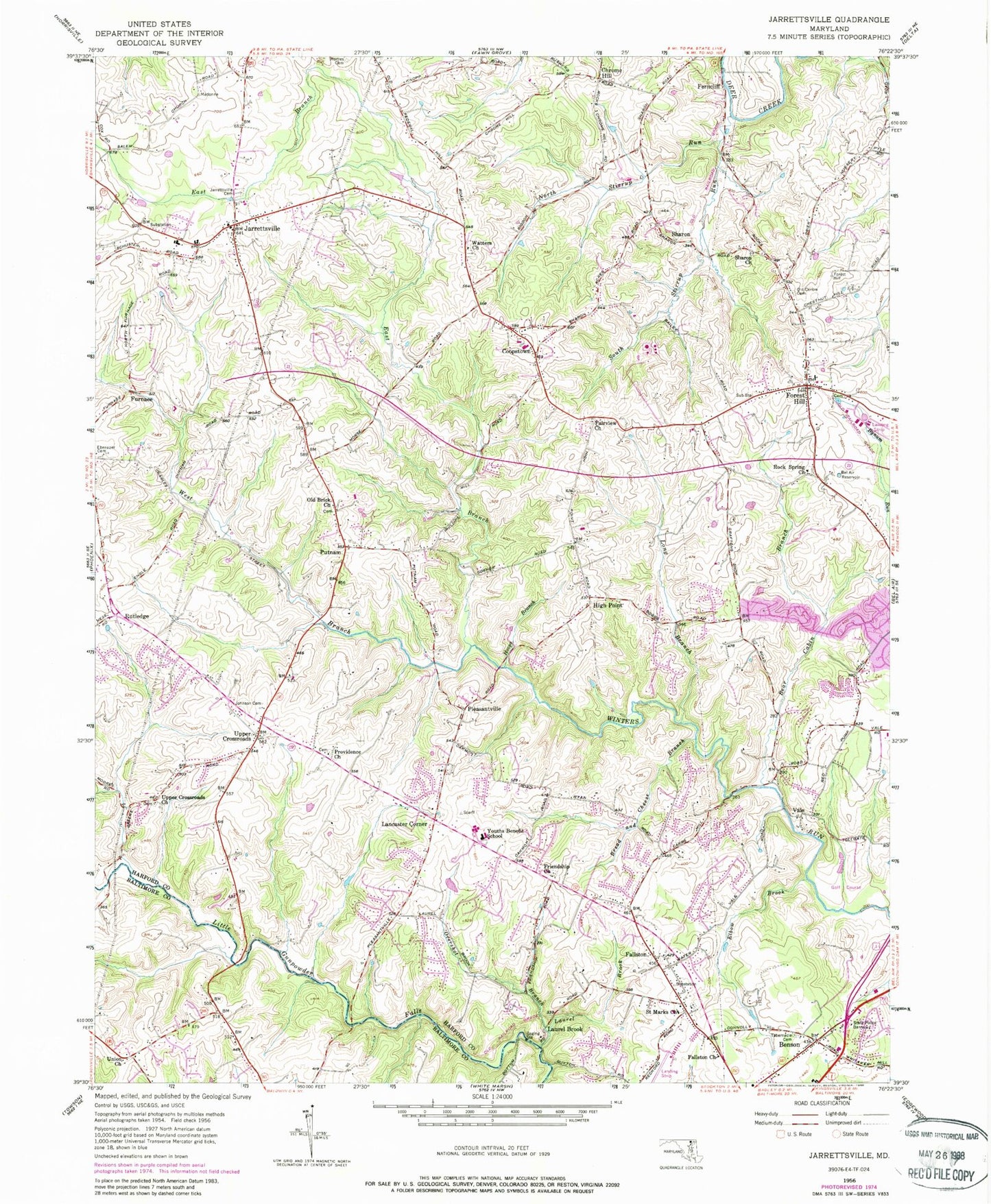Classic USGS Jarrettsville Maryland 7.5'x7.5' Topo Map Image
