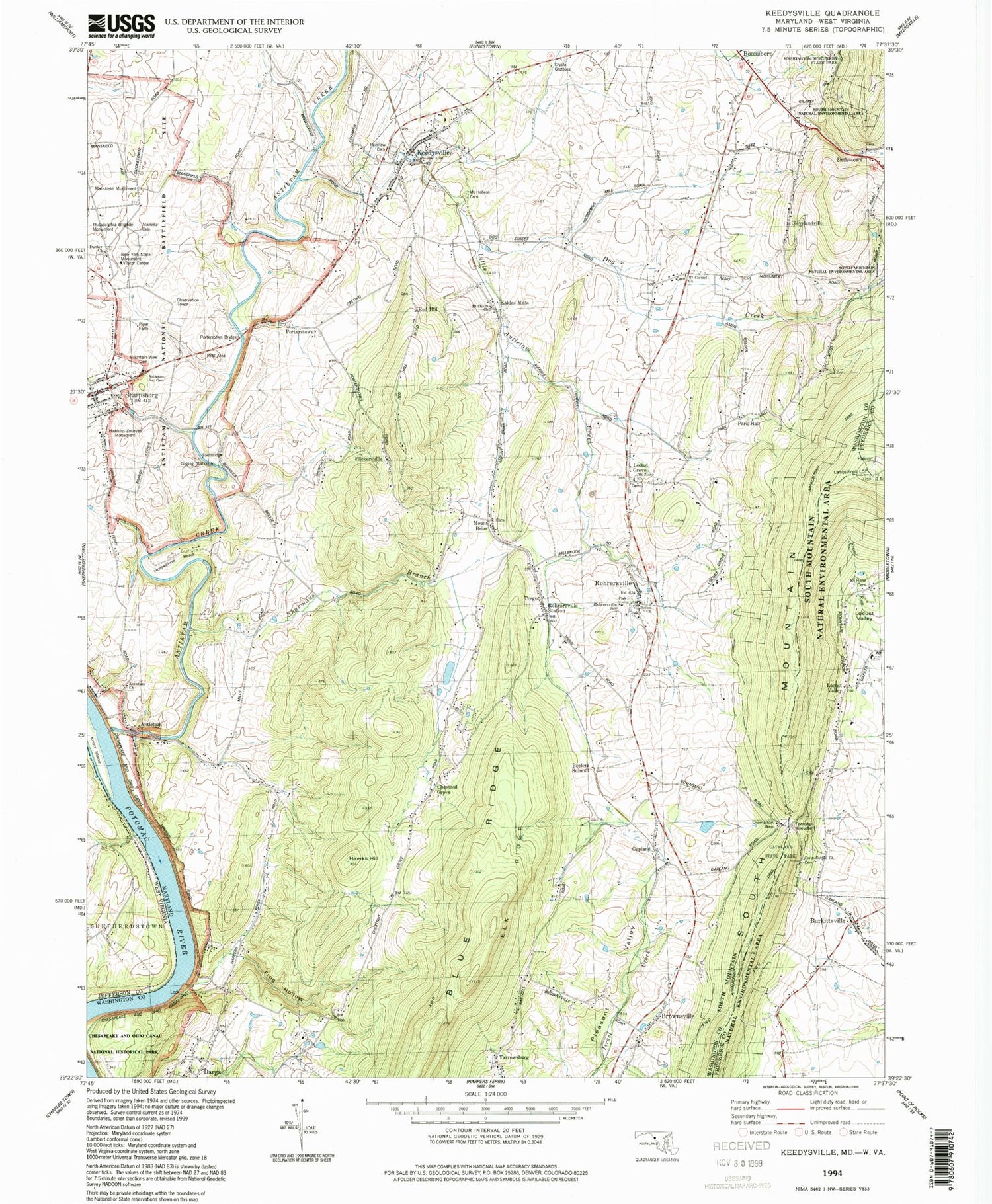 USGS Classic Keedysville Maryland 7.5'x7.5' Topo Map Image