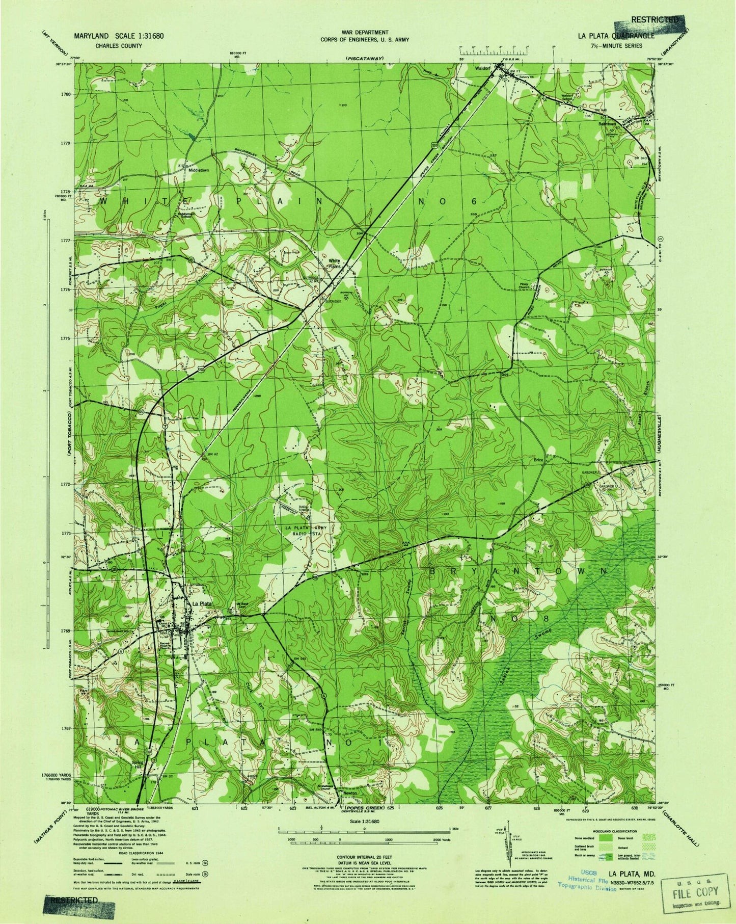 Classic USGS La Plata Maryland 7.5'x7.5' Topo Map Image