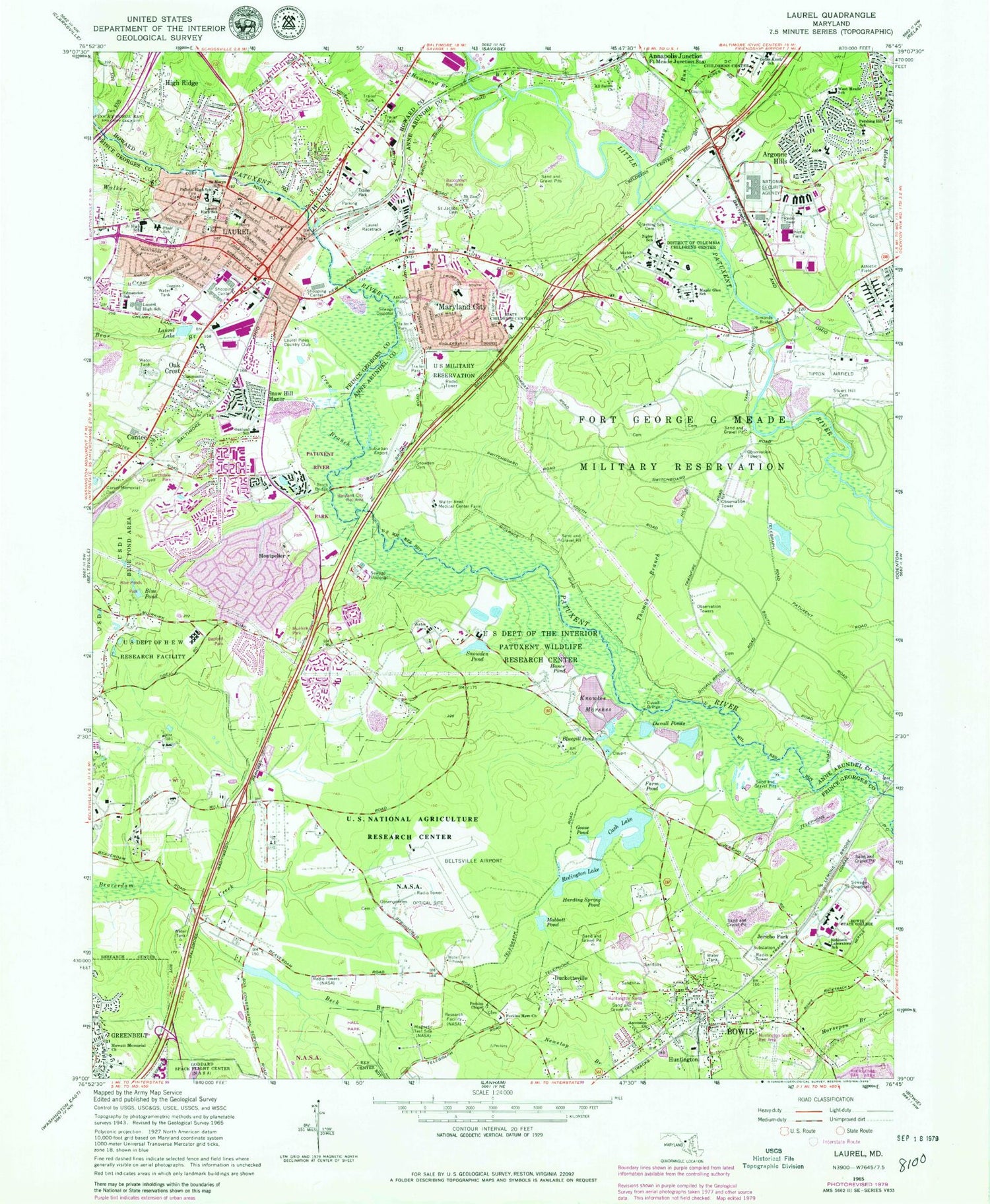Classic USGS Laurel Maryland 7.5'x7.5' Topo Map Image