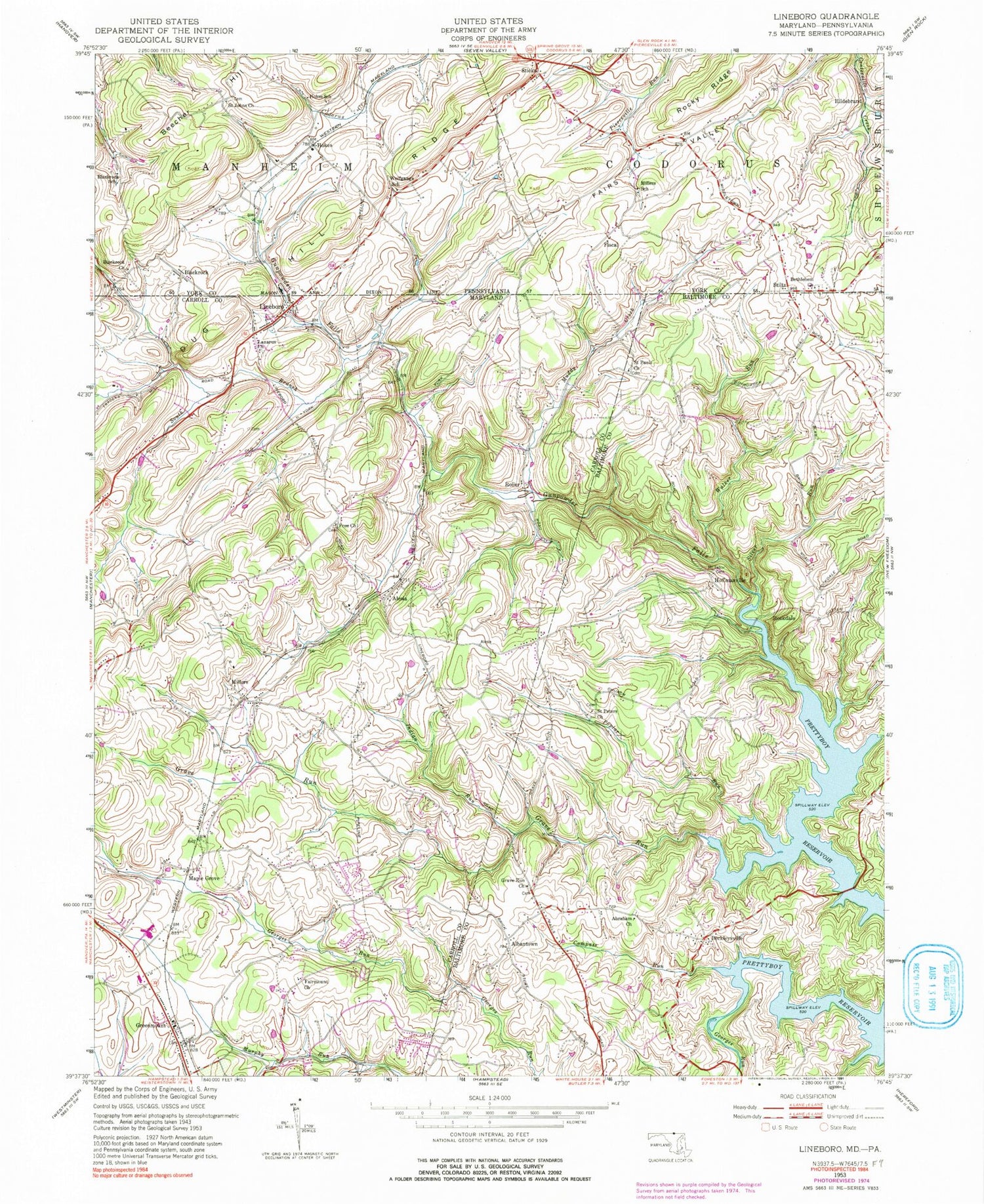 Classic USGS Lineboro Maryland 7.5'x7.5' Topo Map Image