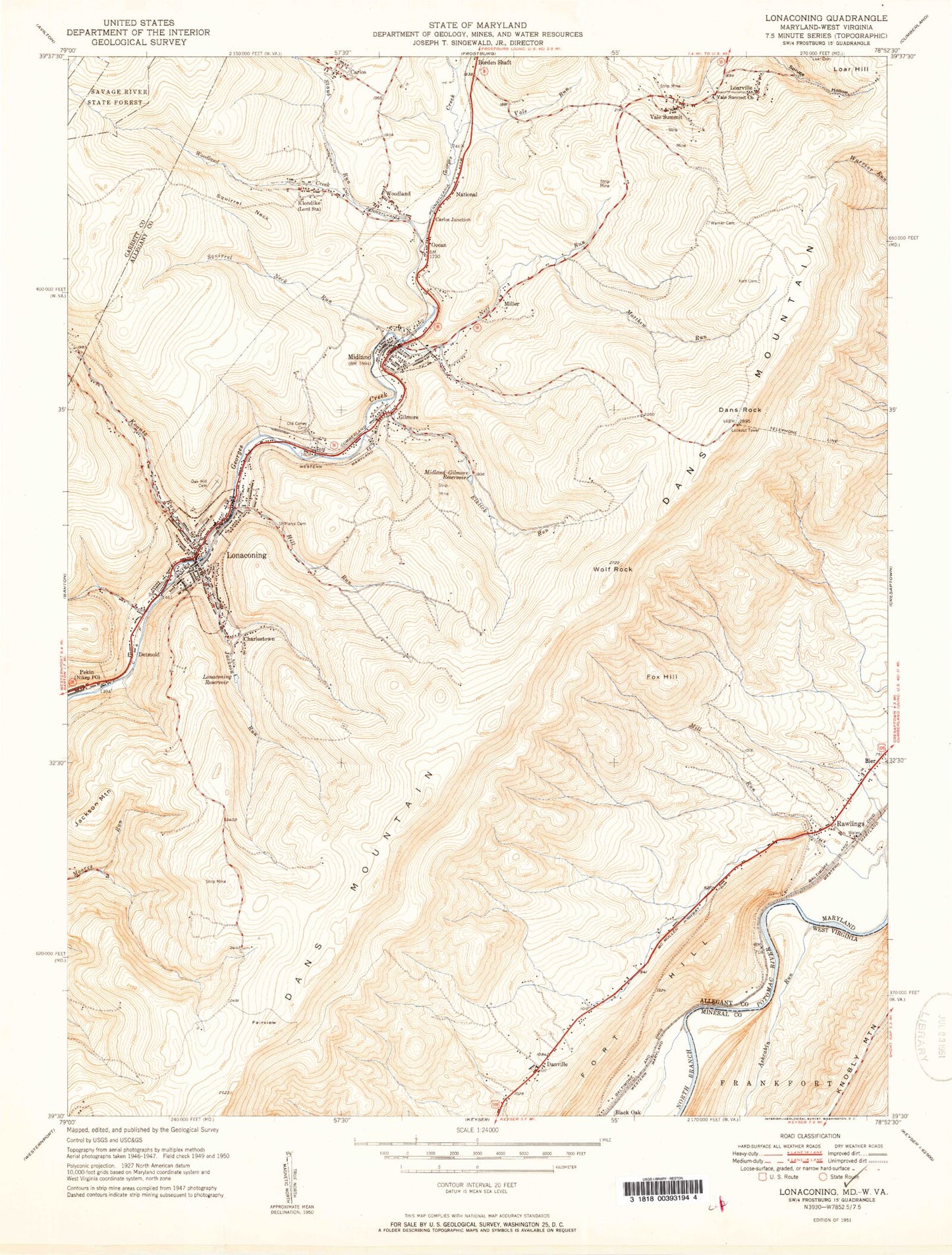 Classic USGS Lonaconing Maryland 7.5'x7.5' Topo Map Image