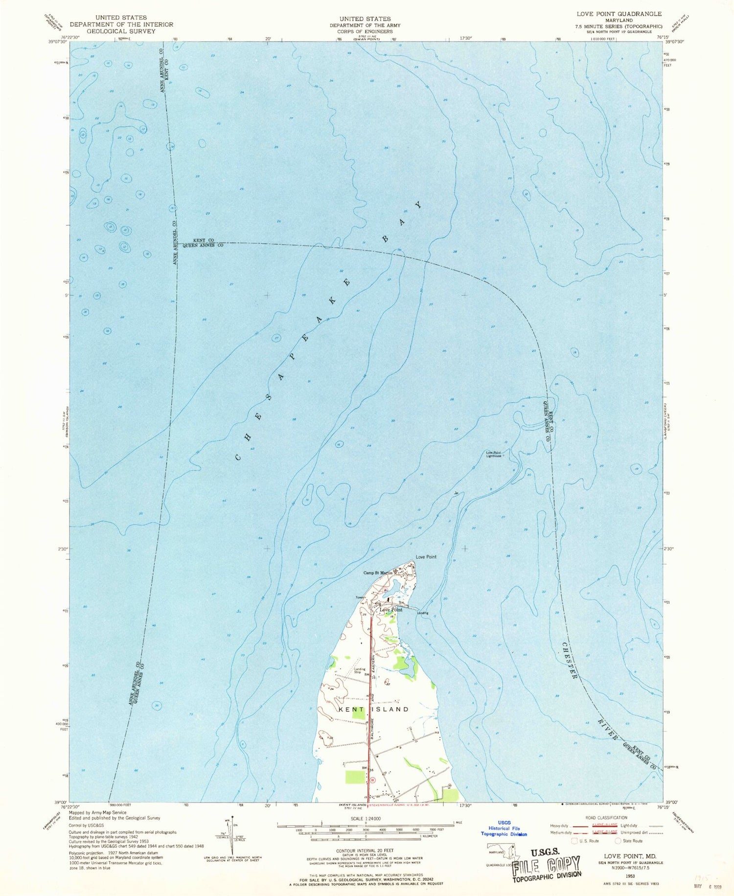 Classic USGS Love Point Maryland 7.5'x7.5' Topo Map Image