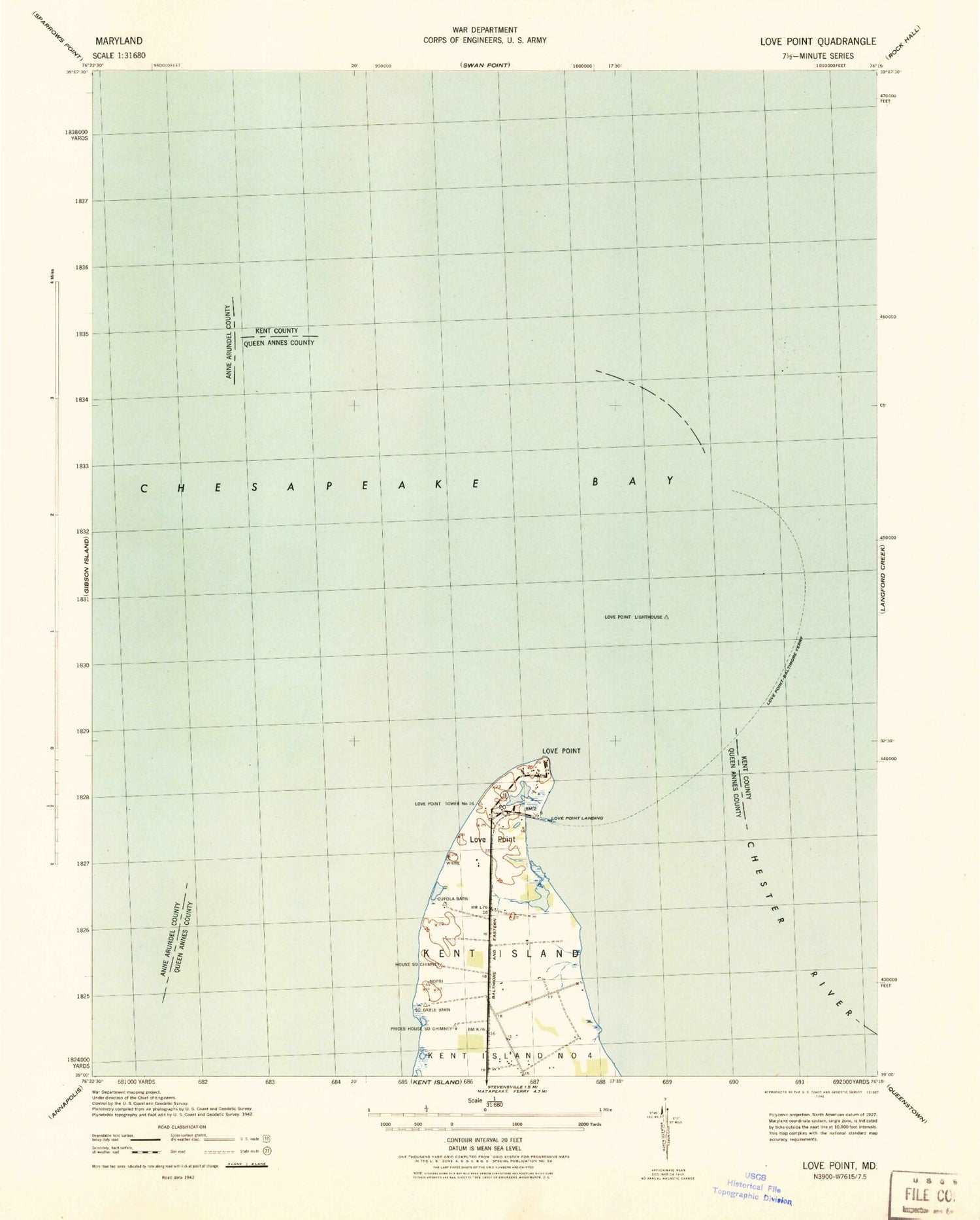 Classic USGS Love Point Maryland 7.5'x7.5' Topo Map Image