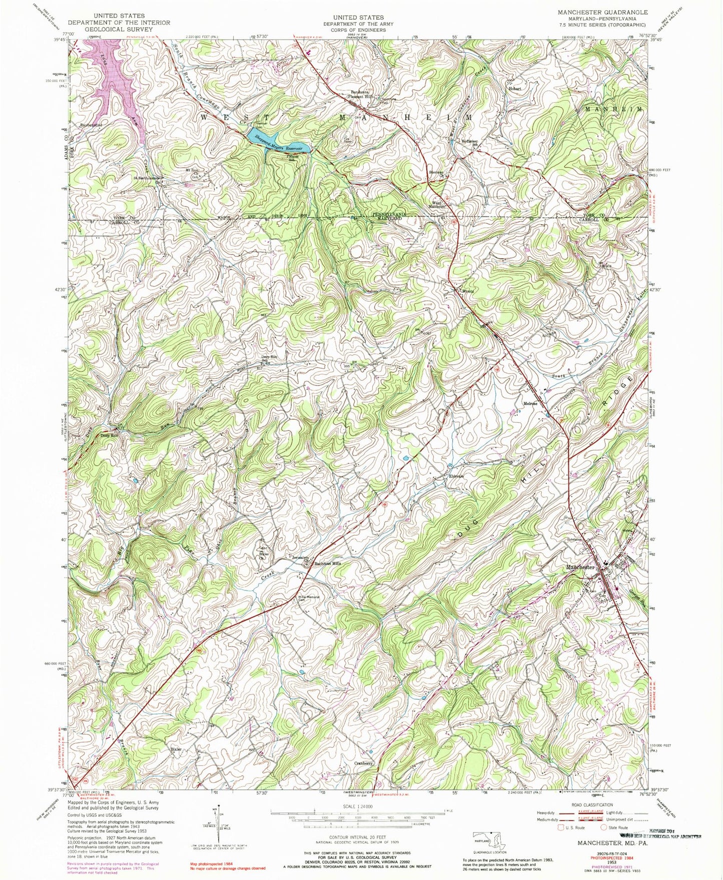 Classic USGS Manchester Maryland 7.5'x7.5' Topo Map Image