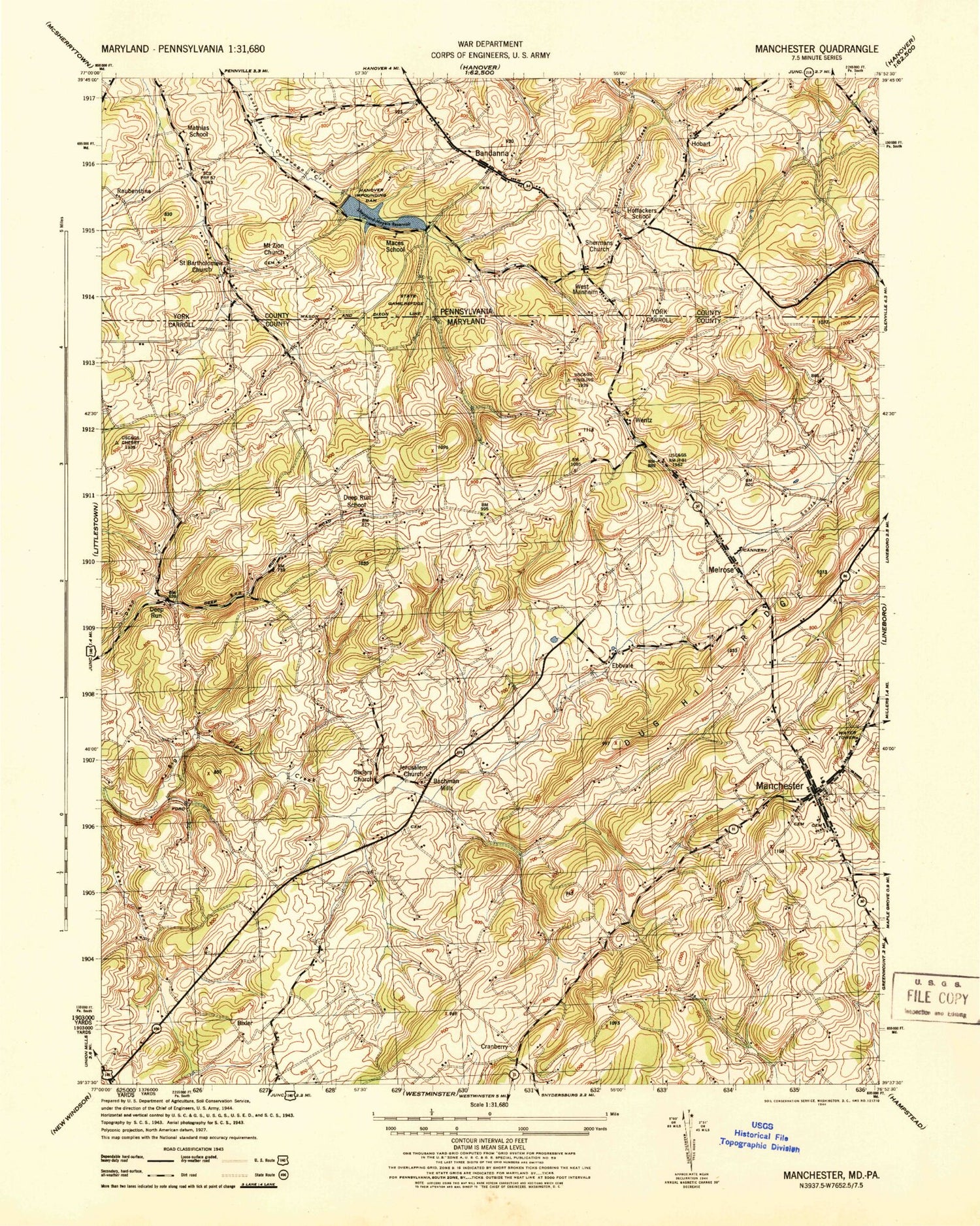 Classic USGS Manchester Maryland 7.5'x7.5' Topo Map Image
