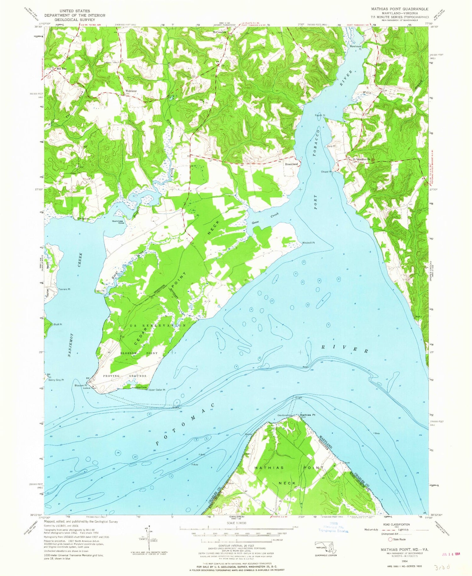 Classic USGS Mathias Point Virginia 7.5'x7.5' Topo Map Image